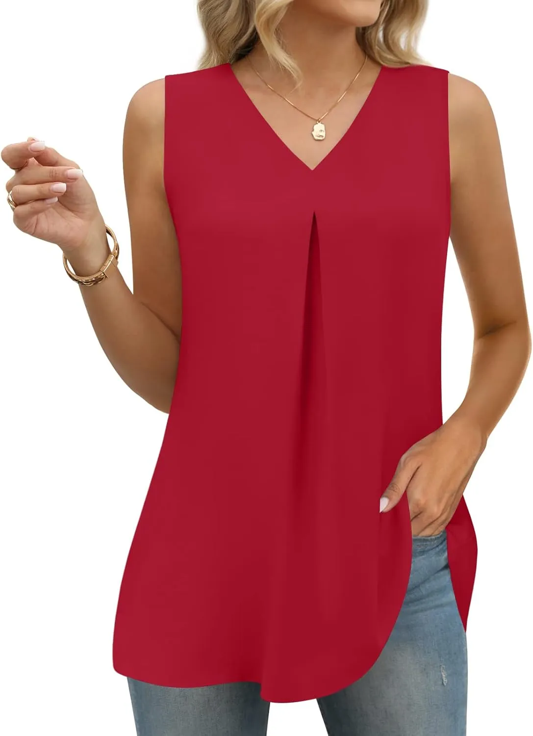 Anyally Women's Summer Sleeveless Chiffon Tunic Tank Tops Dressy Casual Blouse Loose V Neck Work Shirts
