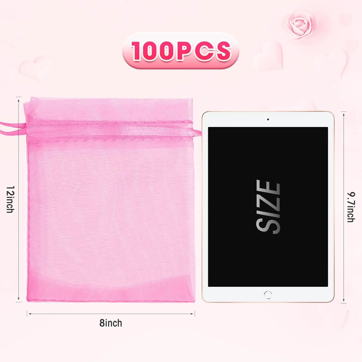 ANZNKU 100 Pack 8X12 inch Organza Bags Premium Sheer Mesh Bag Drawstring Large Organza Gift Bag for Party Favor Christmas Wedding(Pink)