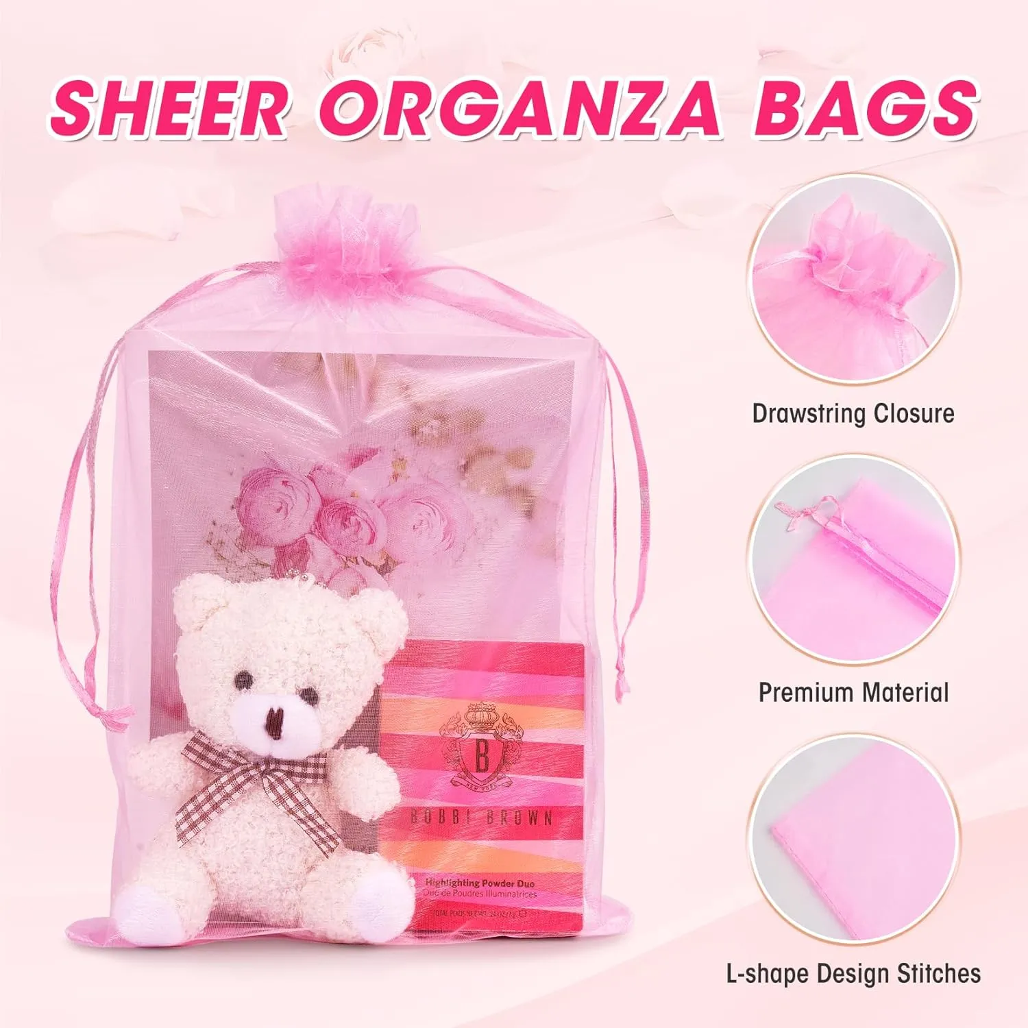 ANZNKU 100 Pack 8X12 inch Organza Bags Premium Sheer Mesh Bag Drawstring Large Organza Gift Bag for Party Favor Christmas Wedding(Pink)