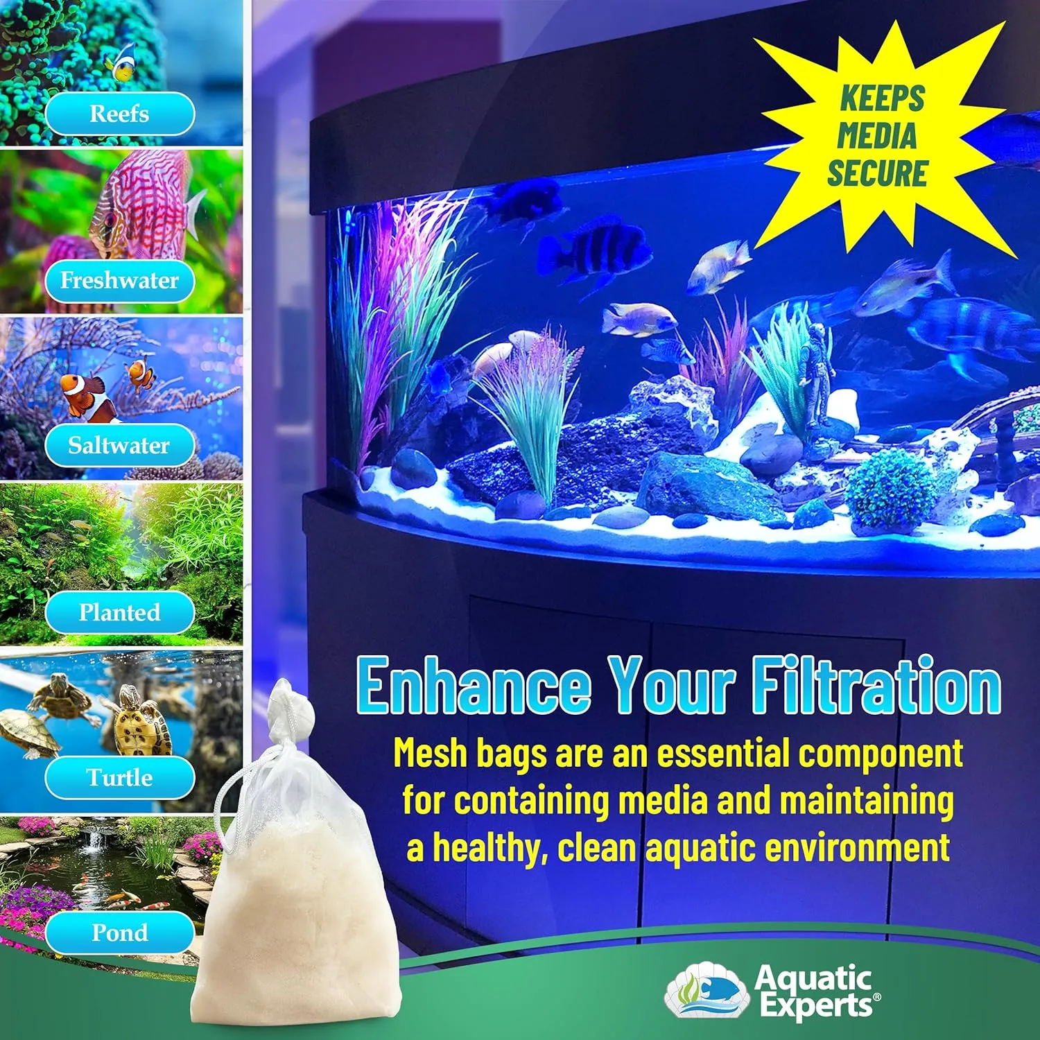 Aquatic Experts Extra Fine Aquarium Media Bag, Durable Drawstring Bags for Fish Tank Filters,150 Micron Mesh, (Extra Fine, 8" x 12" - 3 Pack)