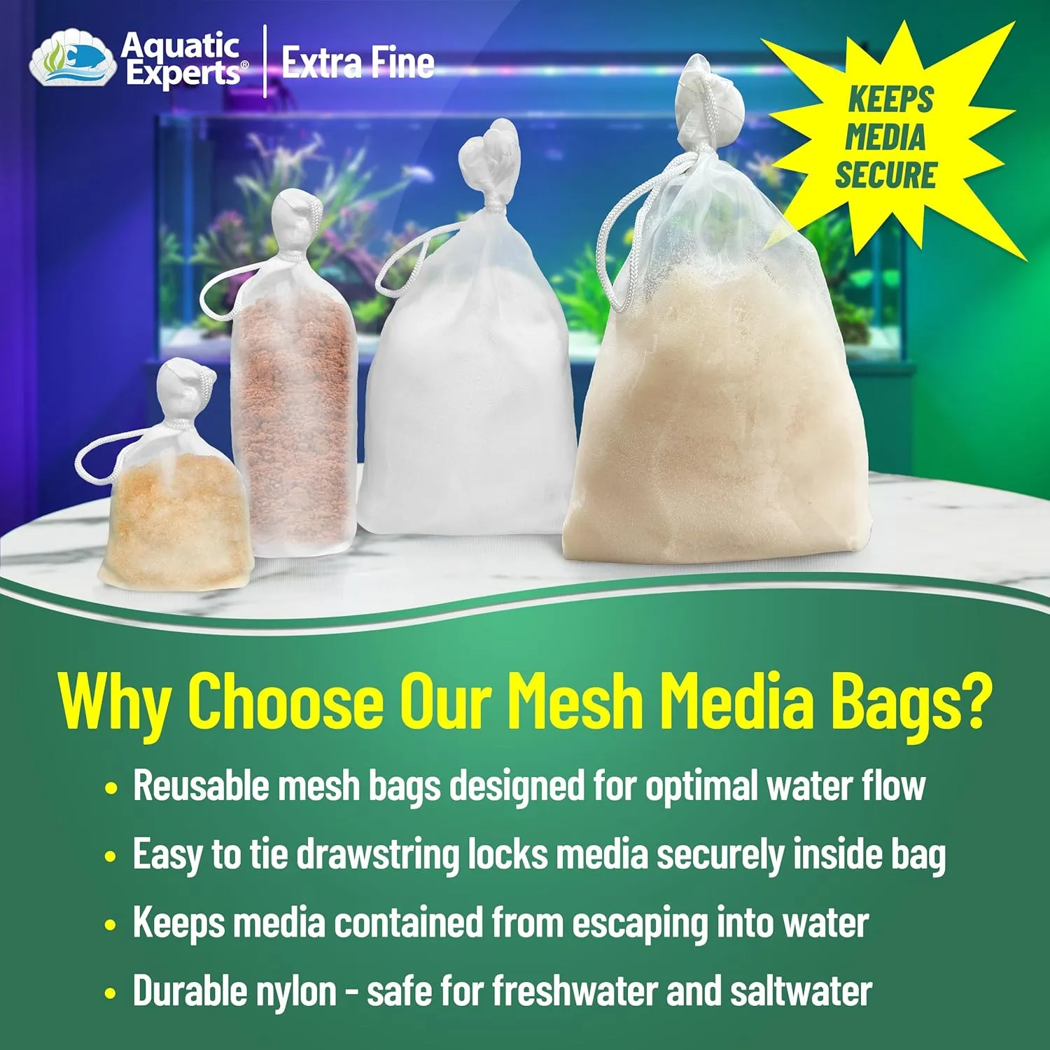 Aquatic Experts Extra Fine Aquarium Media Bag, Durable Drawstring Bags for Fish Tank Filters,150 Micron Mesh, (Extra Fine, 8" x 12" - 3 Pack)