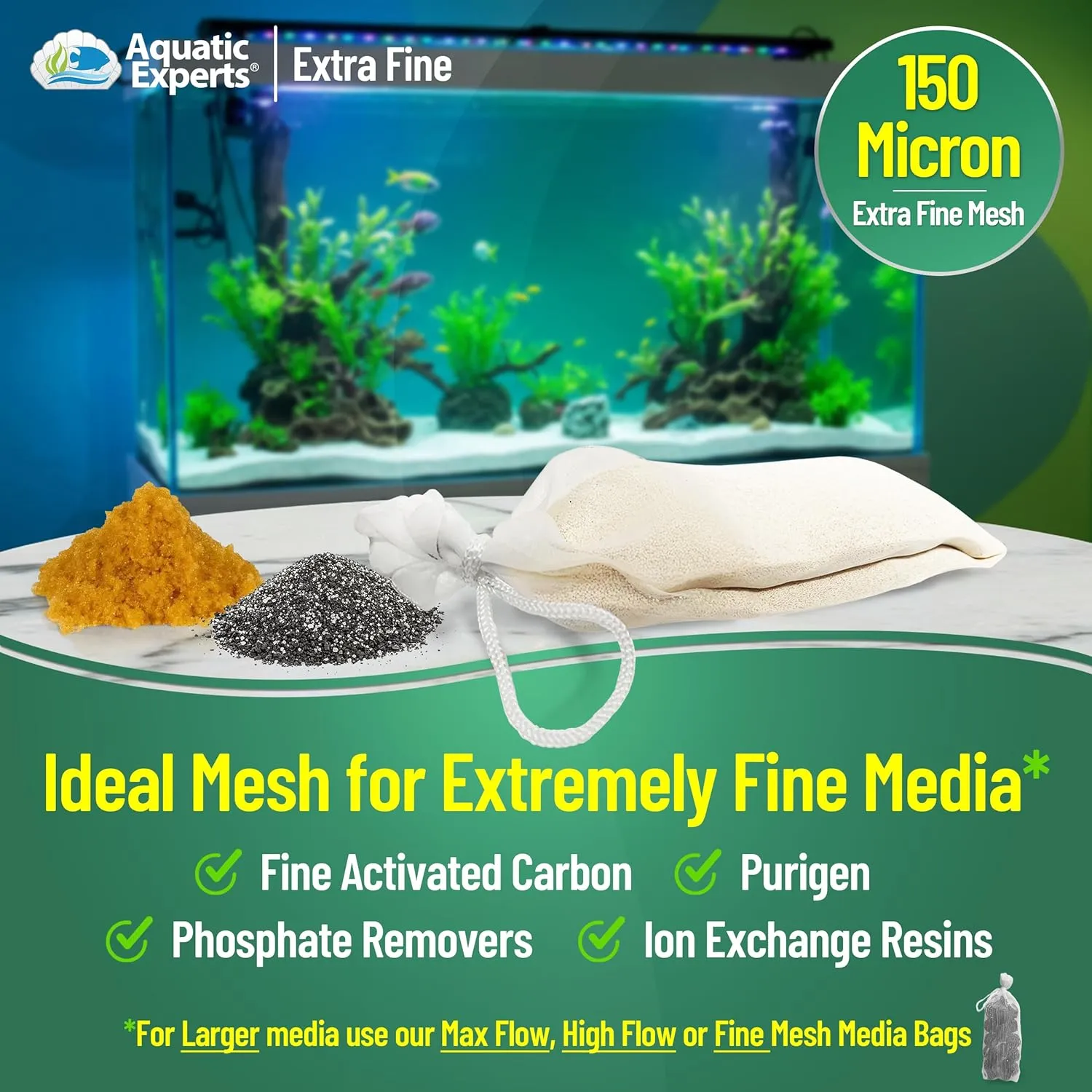 Aquatic Experts Extra Fine Aquarium Media Bag, Durable Drawstring Bags for Fish Tank Filters,150 Micron Mesh, (Extra Fine, 8" x 12" - 3 Pack)