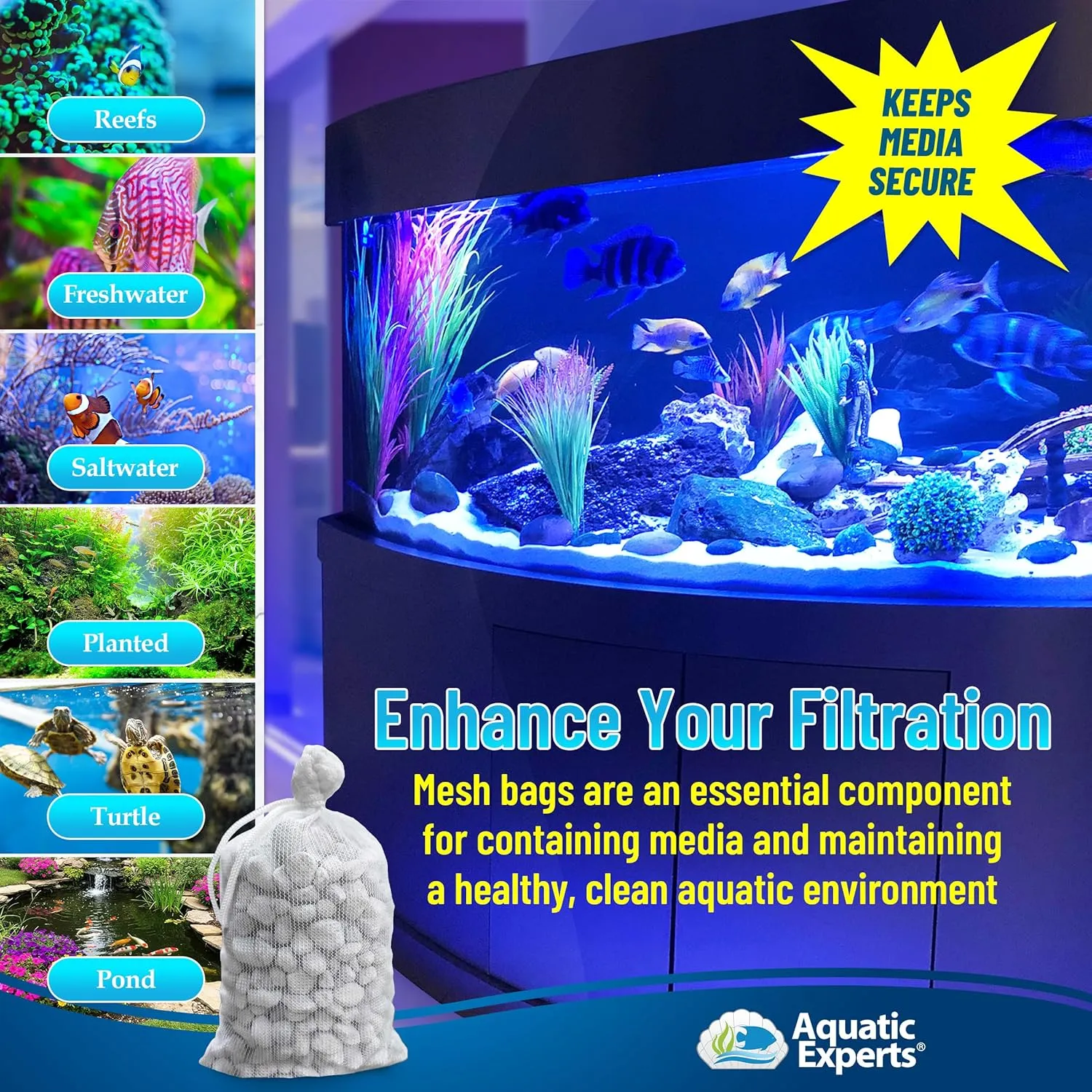 Aquatic Experts High Flow Filter Media Bag - Durable Filter Bags for Fish Tank, Secure Aquarium Media Bag with Drawstring, Media Bags for Aquarium and Pond, High Flow (White), 3” x 4” – 4 Pack