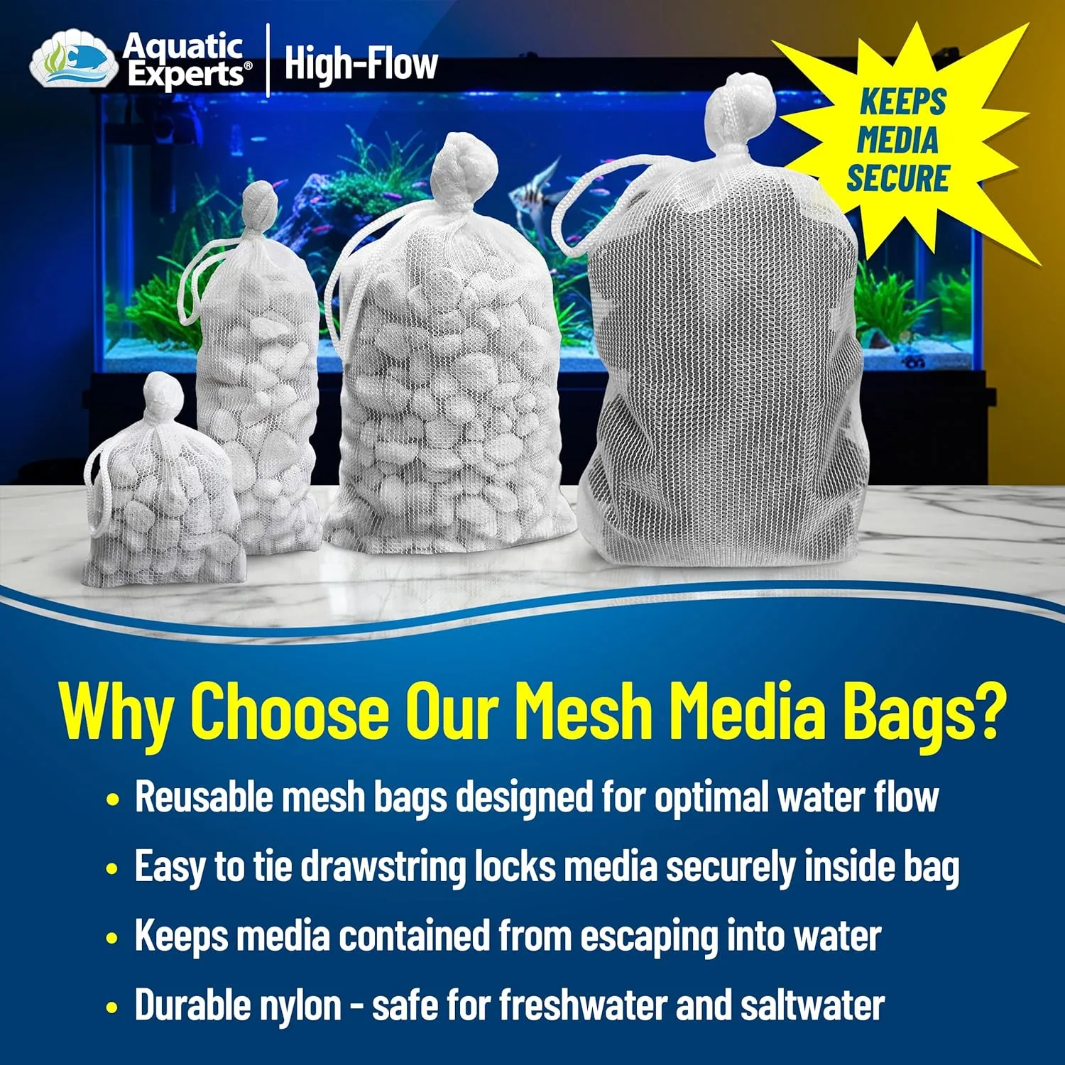 Aquatic Experts High Flow Filter Media Bag - Durable Filter Bags for Fish Tank, Secure Aquarium Media Bag with Drawstring, Media Bags for Aquarium and Pond, High Flow (White), 3” x 4” – 4 Pack