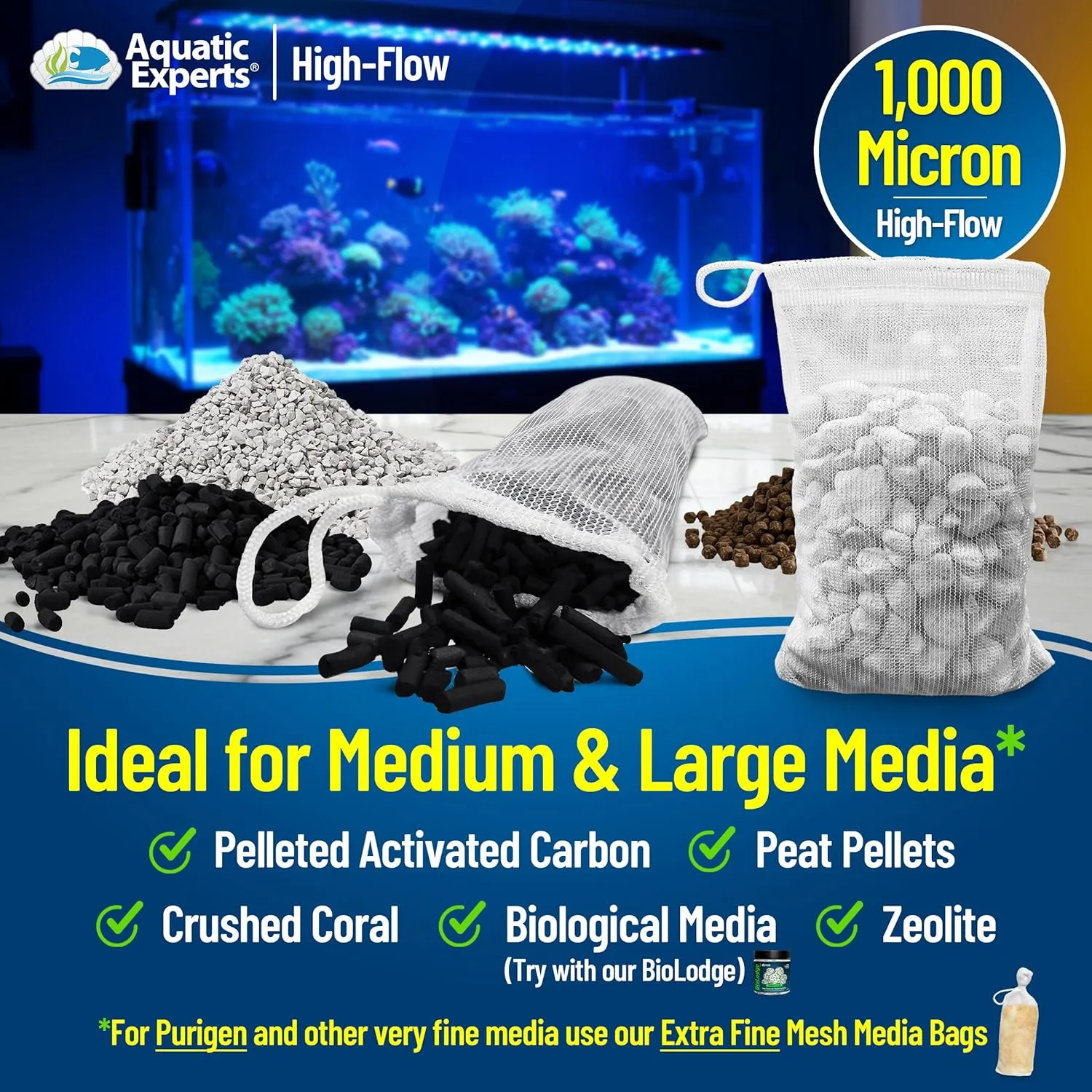 Aquatic Experts High Flow Filter Media Bag - Durable Filter Bags for Fish Tank, Secure Aquarium Media Bag with Drawstring, Media Bags for Aquarium and Pond, High Flow (White), 3” x 4” – 4 Pack