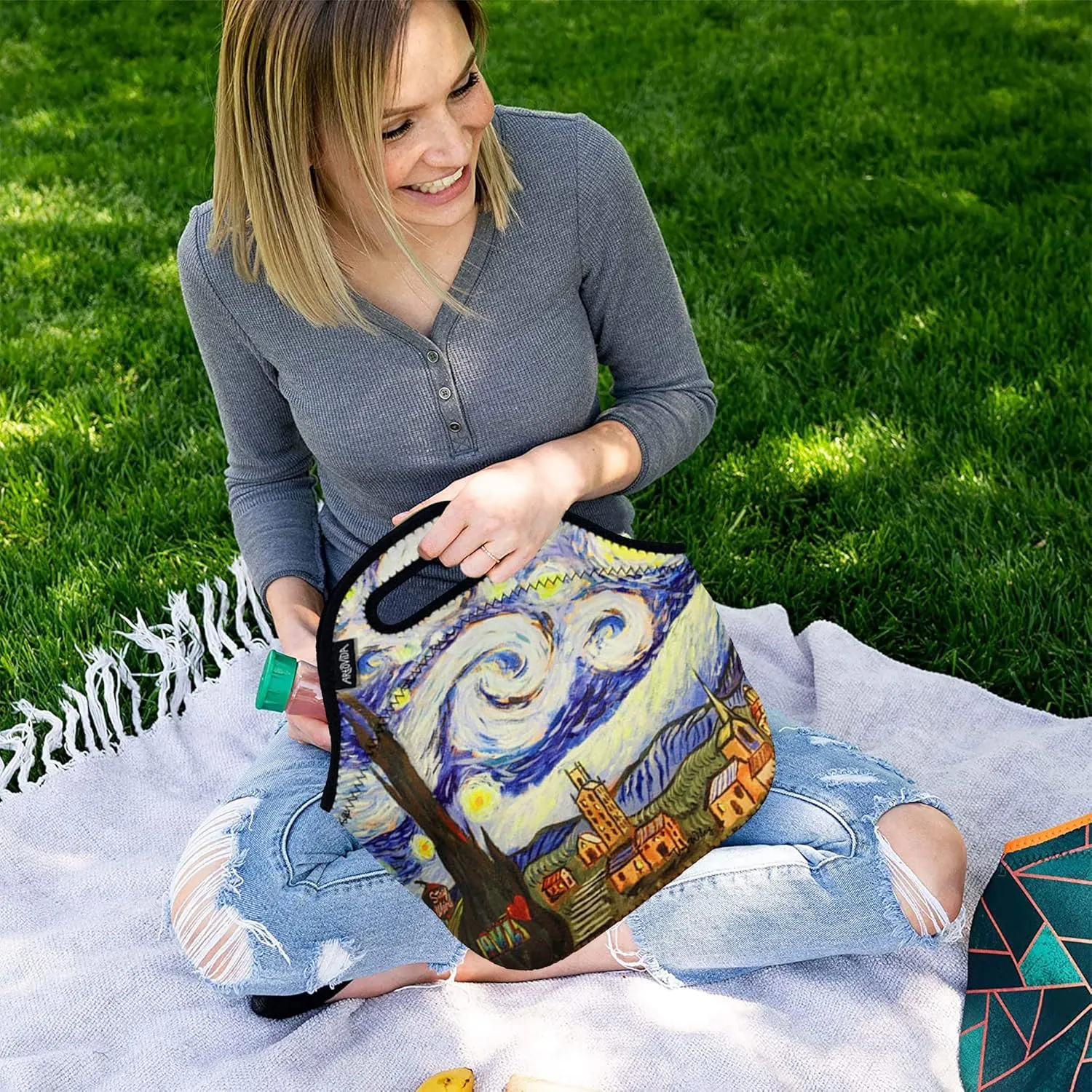 Artists Collective Insulated Neoprene Lunch Bag - Washable Soft Lunch Tote for Work and Picnic - Design by Troy Wiley (USA) Starry Night Asheville - Classic