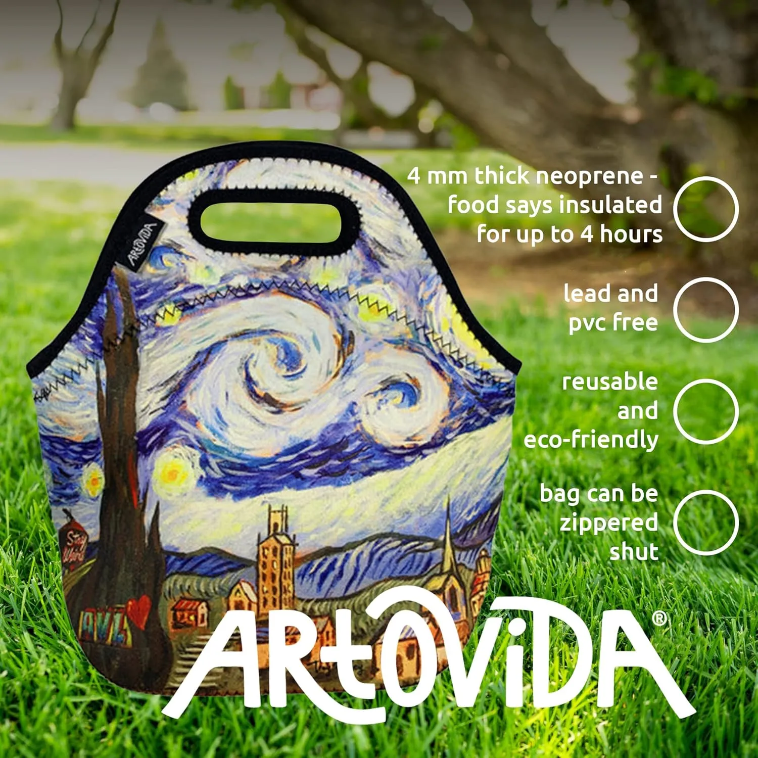 Artists Collective Insulated Neoprene Lunch Bag - Washable Soft Lunch Tote for Work and Picnic - Design by Troy Wiley (USA) Starry Night Asheville - Classic