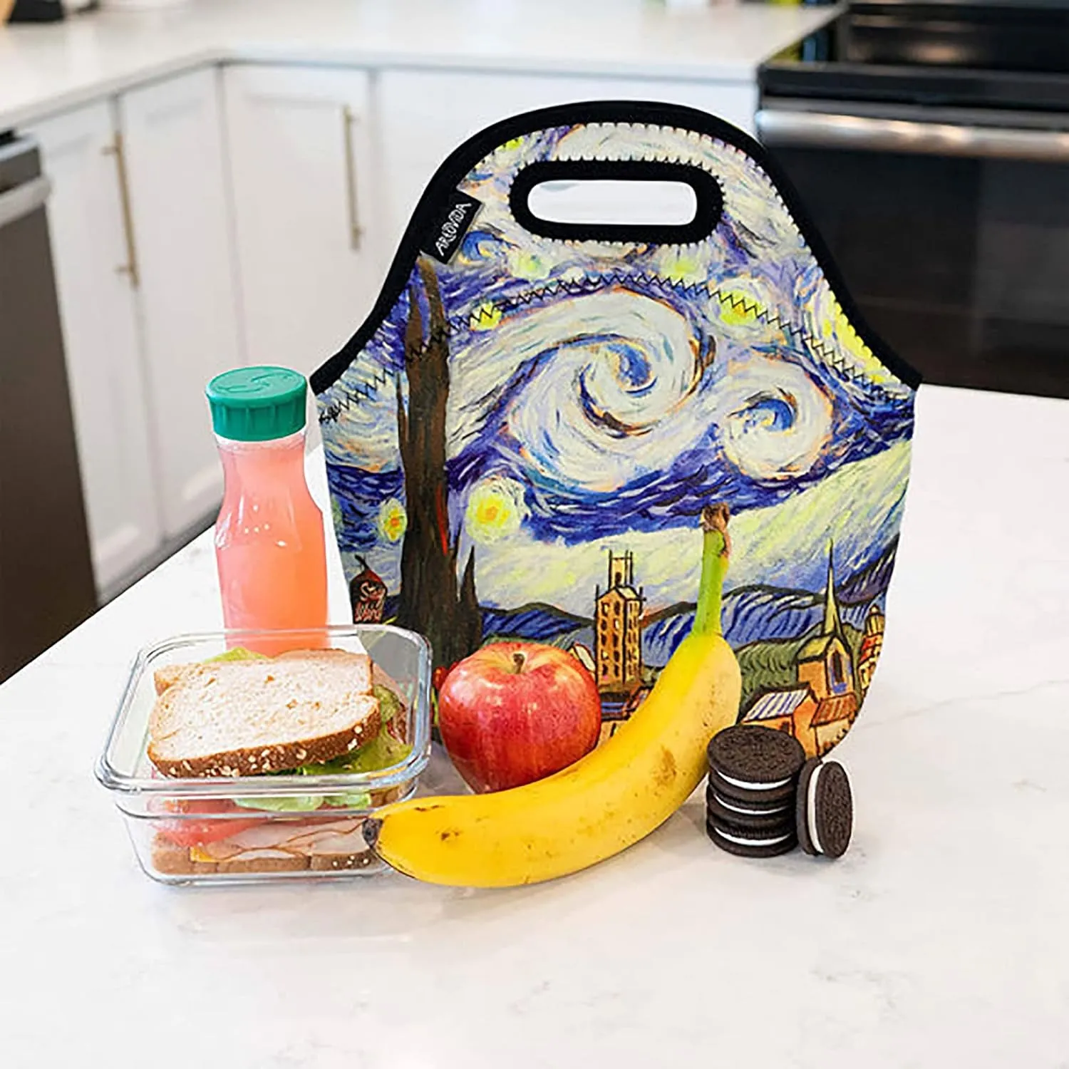 Artists Collective Insulated Neoprene Lunch Bag - Washable Soft Lunch Tote for Work and Picnic - Design by Troy Wiley (USA) Starry Night Asheville - Classic