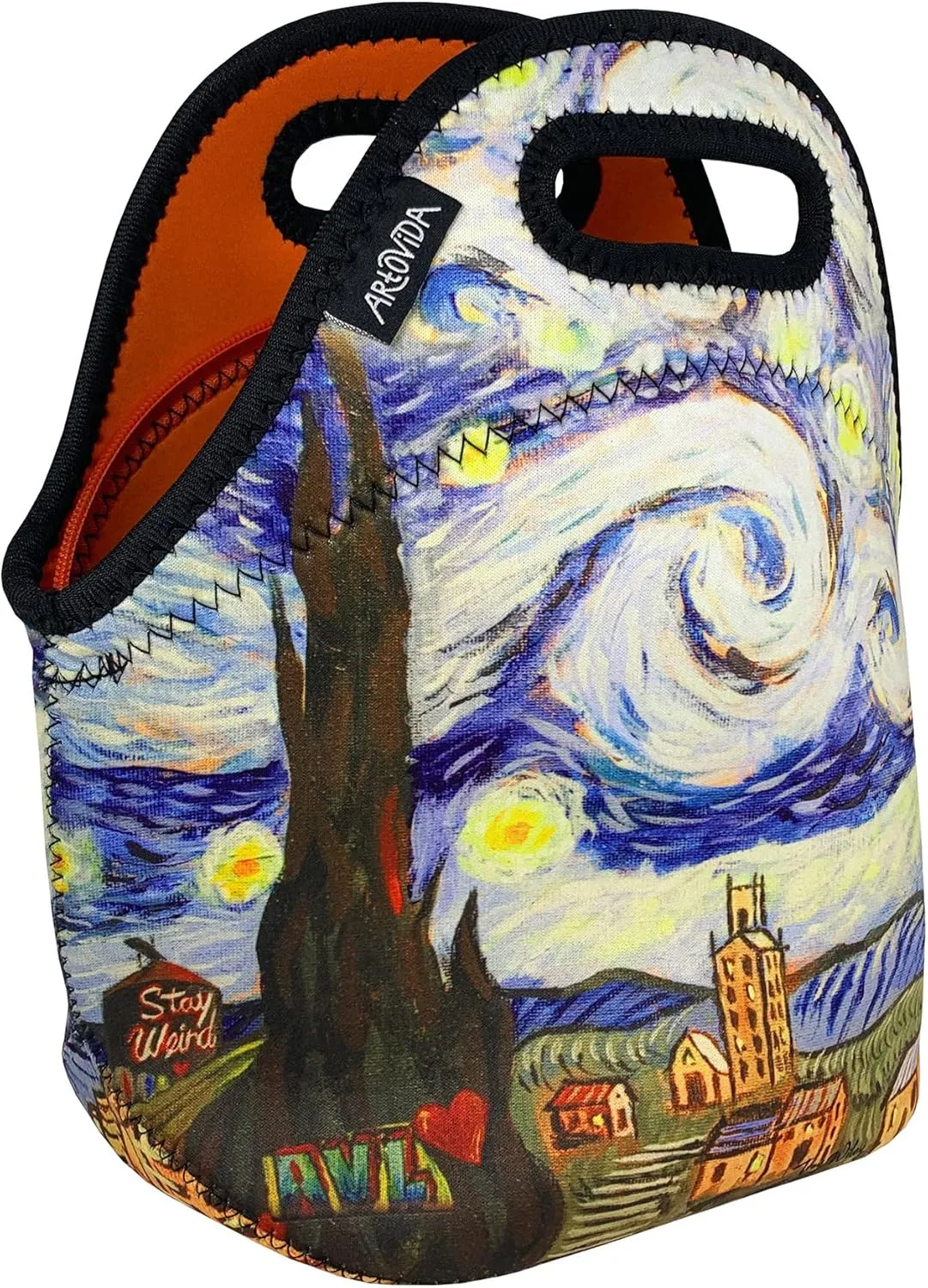 Artists Collective Insulated Neoprene Lunch Bag - Washable Soft Lunch Tote for Work and Picnic - Design by Troy Wiley (USA) Starry Night Asheville - Classic