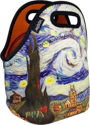 Artists Collective Insulated Neoprene Lunch Bag - Washable Soft Lunch Tote for Work and Picnic - Design by Troy Wiley (USA) Starry Night Asheville - Classic