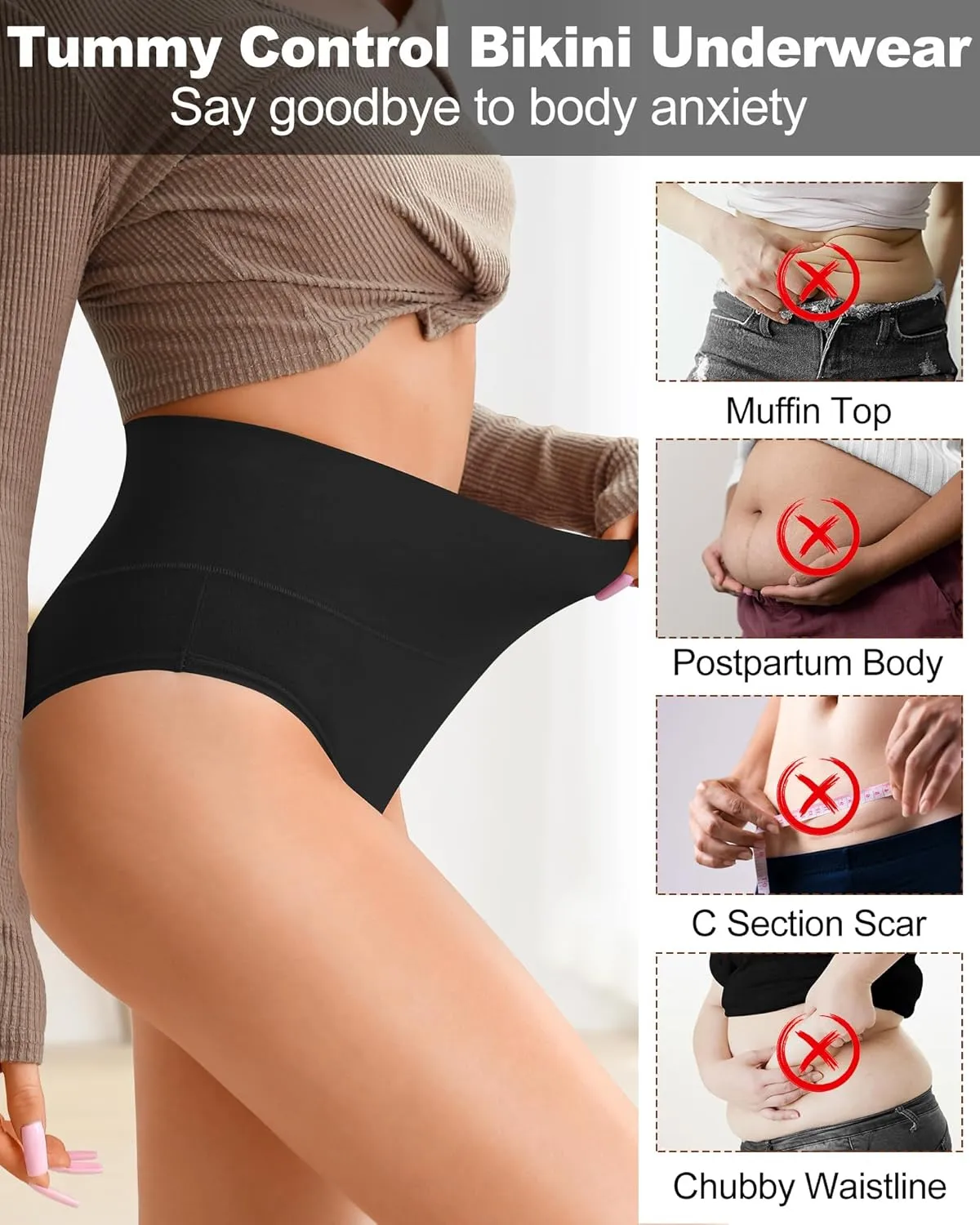 ASIMOON High Waisted Bikini Underwear for Women Tummy Control Cotton Panties Soft Stretch No Show Cheeky Panty