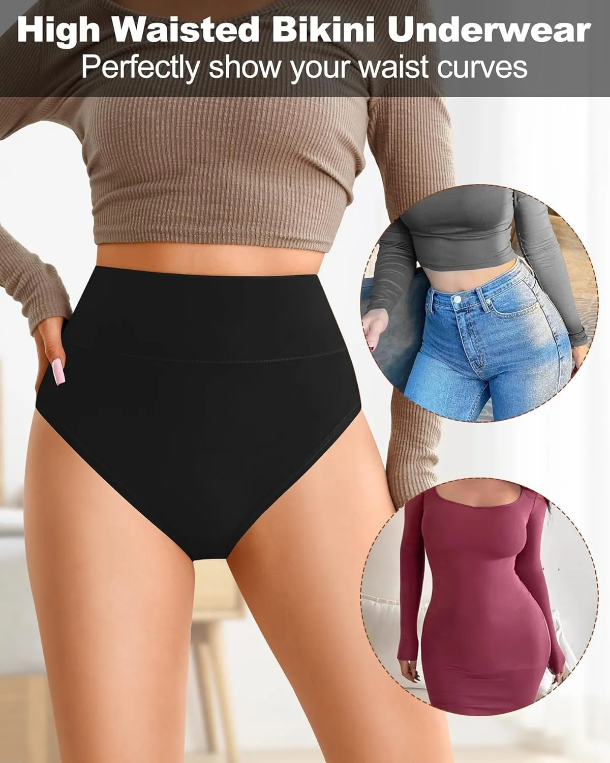 ASIMOON High Waisted Bikini Underwear for Women Tummy Control Cotton Panties Soft Stretch No Show Cheeky Panty