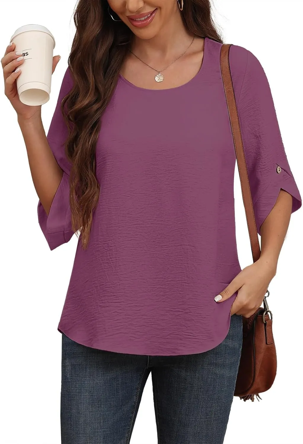 Askyes Women's 2025 Summer Chiffon Blouses Bell Short Sleeve Tshirts Casual Loose Flowy Dressy Work Tops for Leggings Blouse
