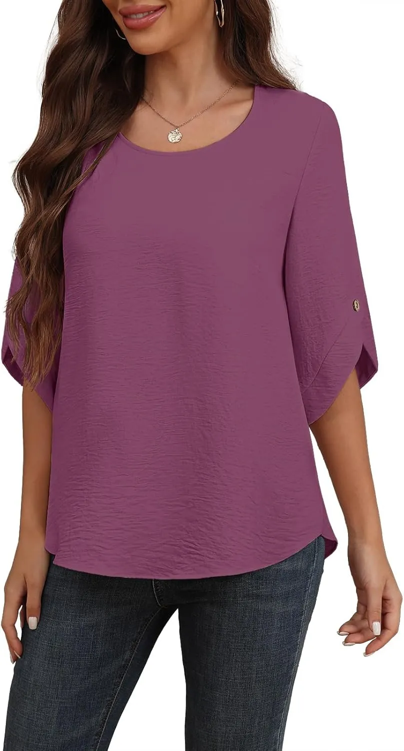 Askyes Women's 2025 Summer Chiffon Blouses Bell Short Sleeve Tshirts Casual Loose Flowy Dressy Work Tops for Leggings Blouse