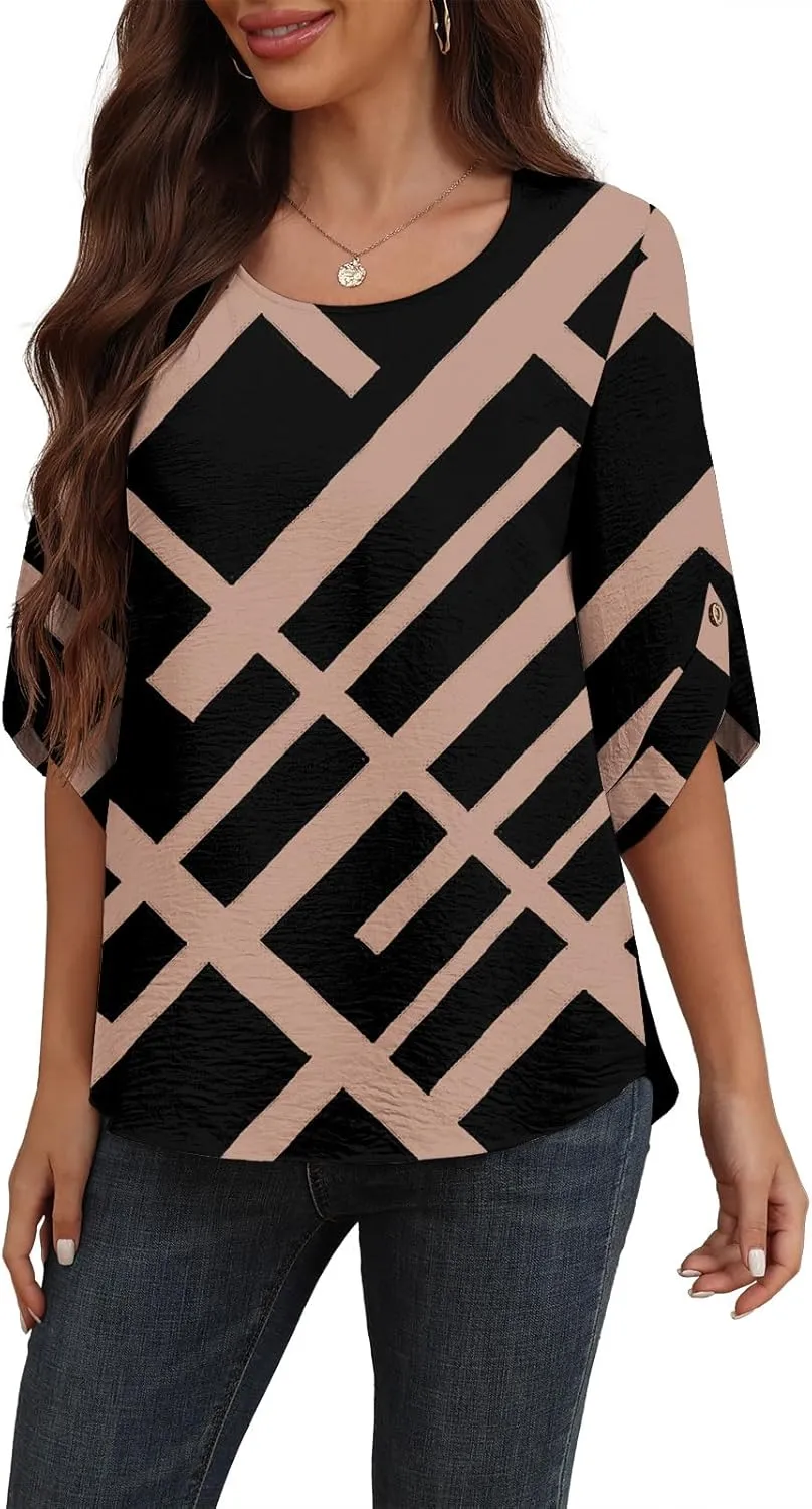 Askyes Women's 2025 Summer Chiffon Blouses Bell Short Sleeve Tshirts Casual Loose Flowy Dressy Work Tops for Leggings Blouse