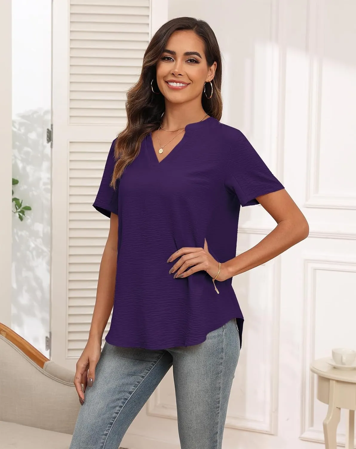 Askyes Women's 2025 Summer Chiffon Blouses Short Sleeve V Neck Tshirts Casual Loose Flowy Dressy Tops for Leggings Blouse