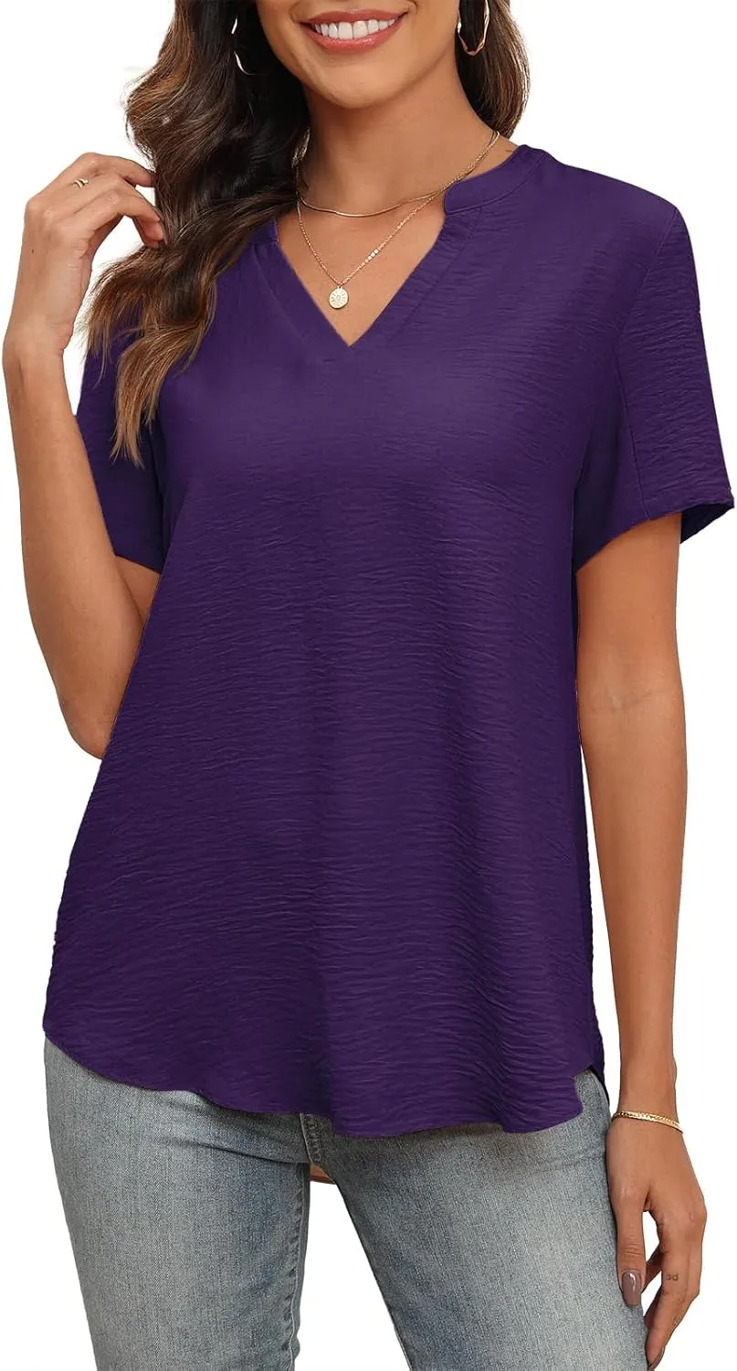 Askyes Women's 2025 Summer Chiffon Blouses Short Sleeve V Neck Tshirts Casual Loose Flowy Dressy Tops for Leggings Blouse