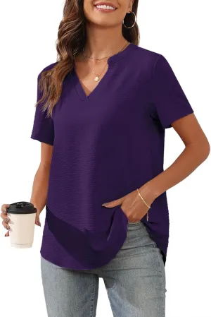 Askyes Women's 2025 Summer Chiffon Blouses Short Sleeve V Neck Tshirts Casual Loose Flowy Dressy Tops for Leggings Blouse