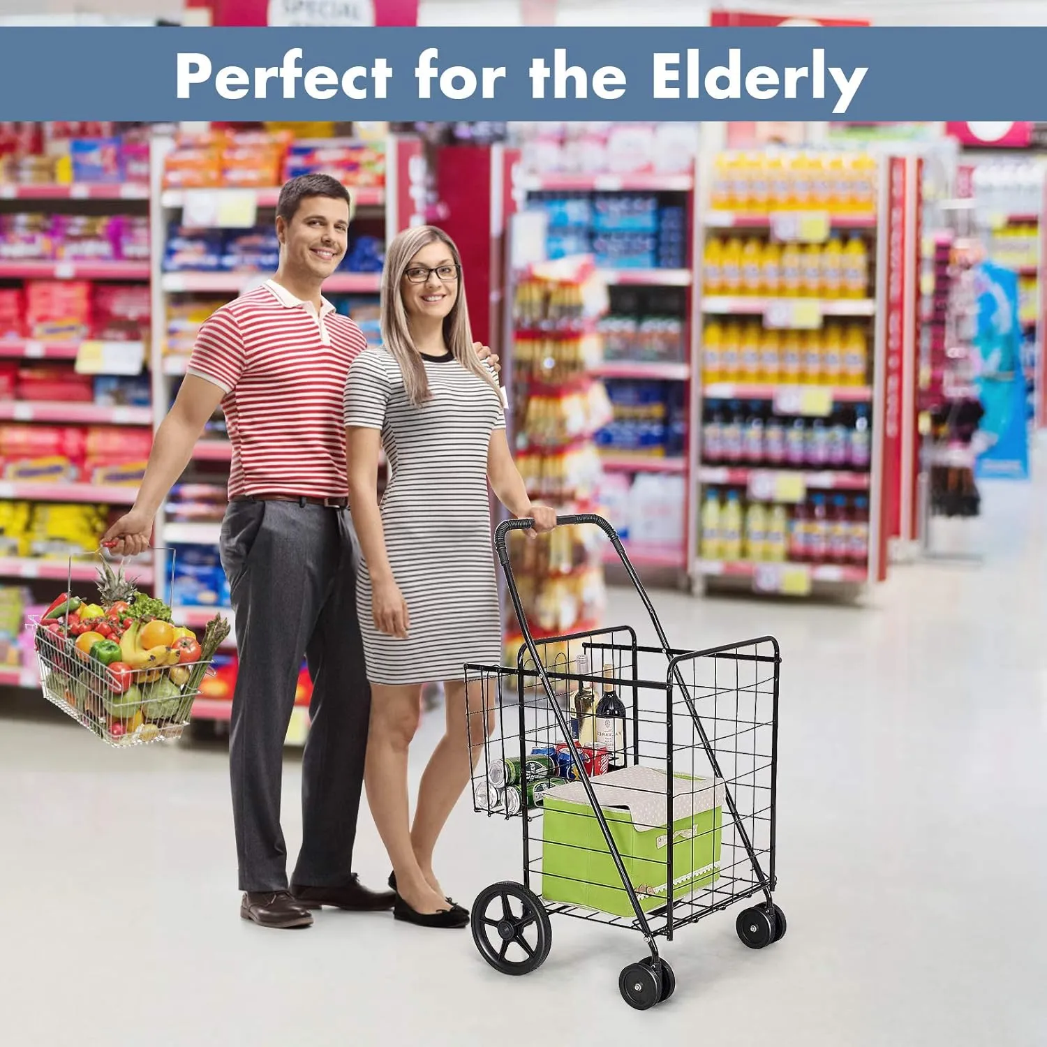 AUGESTER Grocery Utility Shopping Cart, Folding & Portable Shopping Cart with Double Basket and Swivel Wheels, Easily Collapsible & Heavy Duty Trolley for Grocery Laundry Book Luggage Travel (Black)