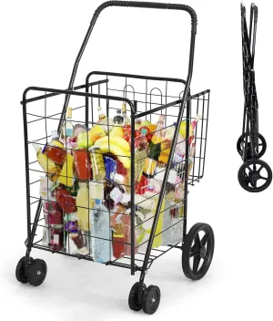 AUGESTER Grocery Utility Shopping Cart, Folding & Portable Shopping Cart with Double Basket and Swivel Wheels, Easily Collapsible & Heavy Duty Trolley for Grocery Laundry Book Luggage Travel (Black)