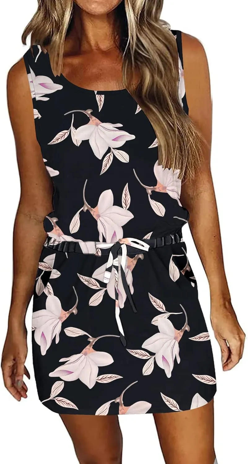 AUSELILY Womens Summer Dress Casual Sleeveless Sundresses Drawstring Waist Beach Cover up Short Swing Dresses with Pockets