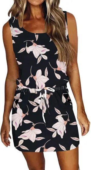 AUSELILY Womens Summer Dress Casual Sleeveless Sundresses Drawstring Waist Beach Cover up Short Swing Dresses with Pockets