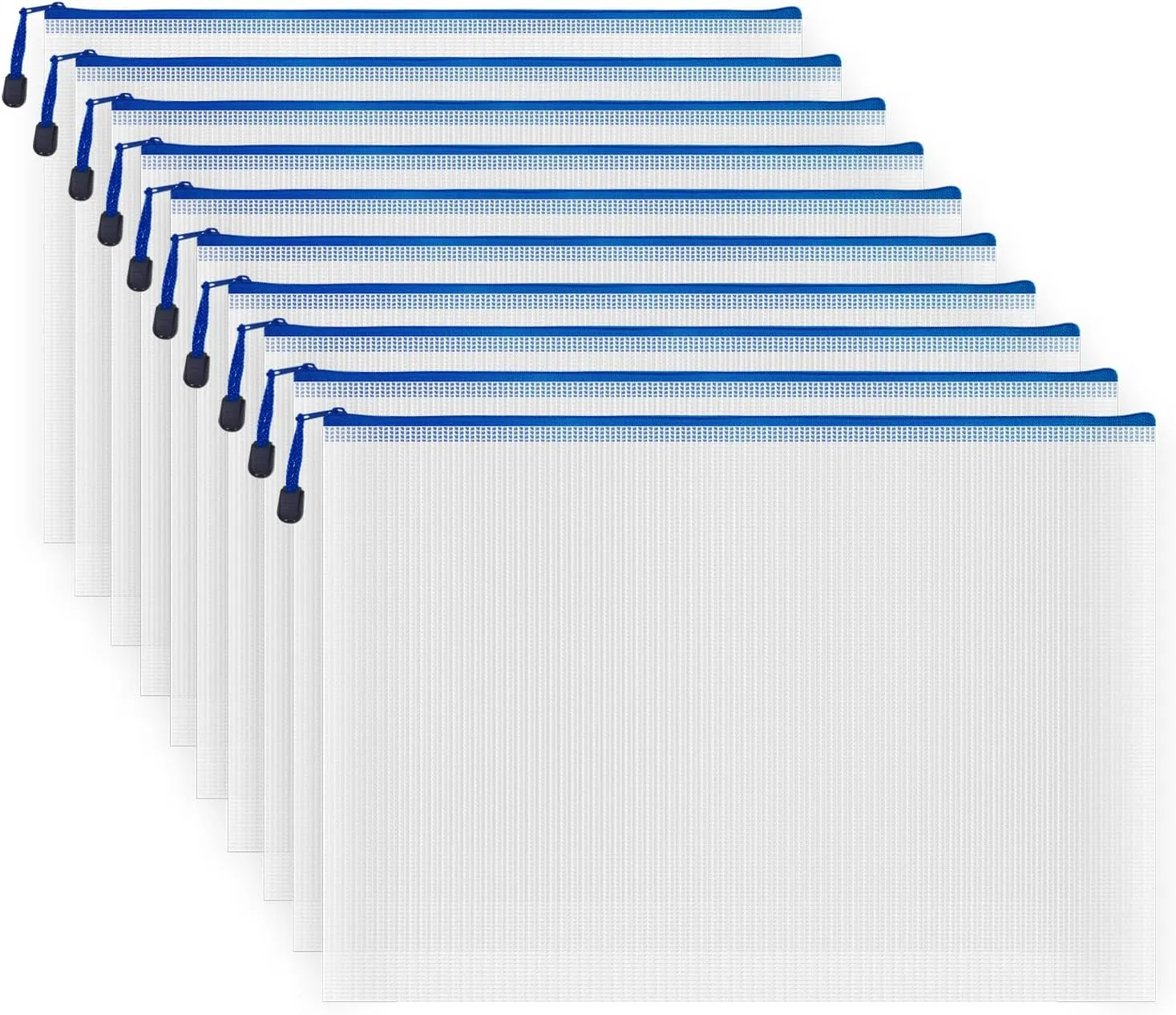 AUSTARK 10 Pcs Zipper File Bags, Waterproof Plastic Mesh Pouch for Office School, Board Game Storage Bags (A3 Size 16.9''x12'', White and Blue)
