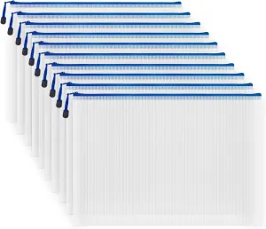 AUSTARK 10 Pcs Zipper File Bags, Waterproof Plastic Mesh Pouch for Office School, Board Game Storage Bags (A3 Size 16.9''x12'', White and Blue)