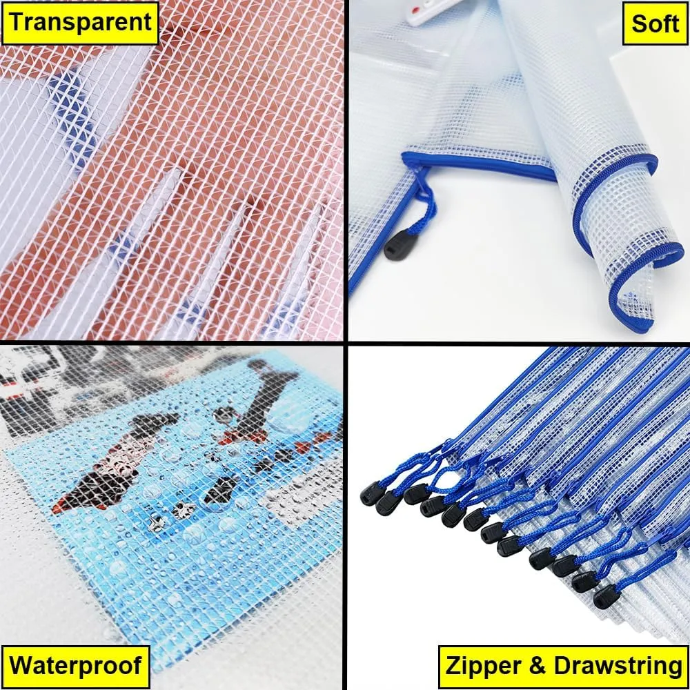 AUSTARK 10 Pcs Zipper File Bags, Waterproof Plastic Mesh Pouch for Office School, Board Game Storage Bags (A3 Size 16.9''x12'', White and Blue)