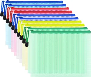 AUSTARK 10 Pcs Zipper File Bags, Waterproof Plastic Mesh Pouch for Office School, Board Game Storage Bags (A5 Size 9.2''x6.7'', Multicolored)
