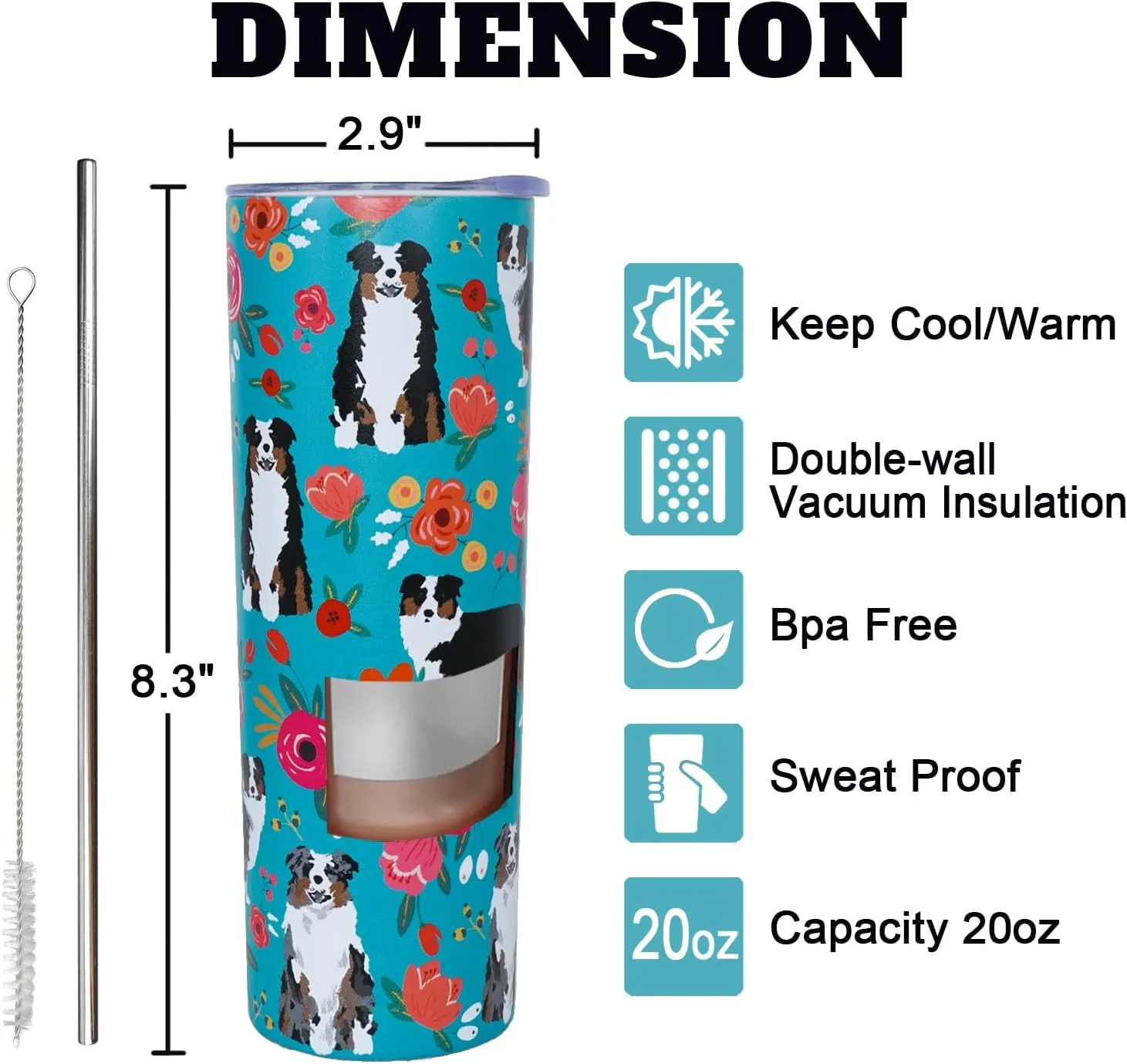 Australian Shepherd Gifts for Women Cute Dog Tumbler Coffee Cup for Women Australian Shepherd Travel Mug 20 Oz Stainless Steel Insulated Water Bottle With Lid and Straw