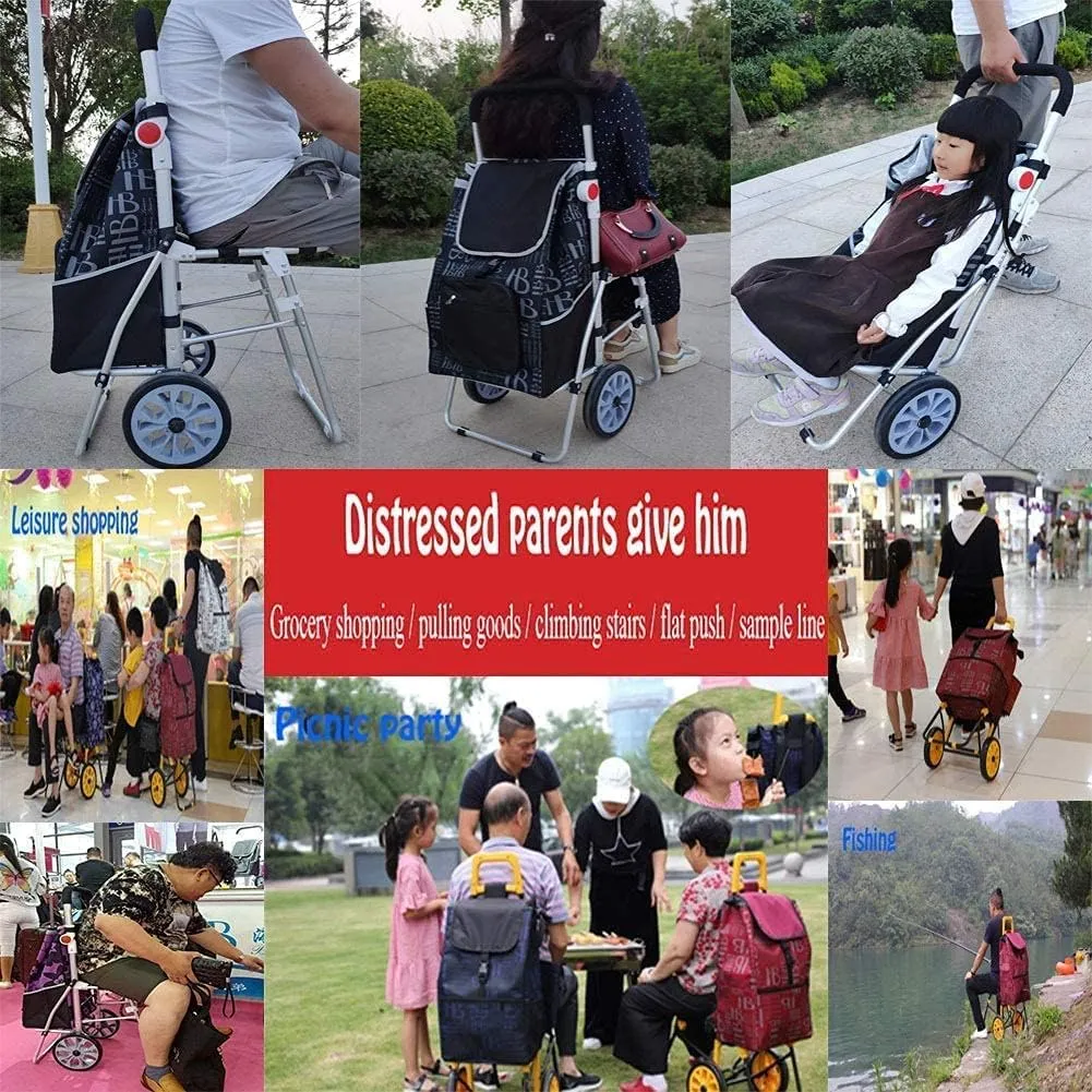 Aviation Aluminum Alloy Three-Wheeled Folding Shopping Cart Seat, Lightweight Stair Climbing Cart, Detachable Waterproof Ox Cloth Bag,F