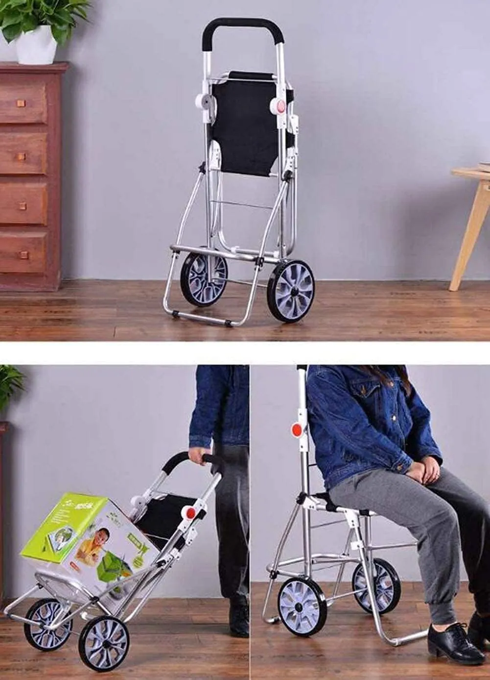 Aviation Aluminum Alloy Three-Wheeled Folding Shopping Cart Seat, Lightweight Stair Climbing Cart, Detachable Waterproof Ox Cloth Bag,F