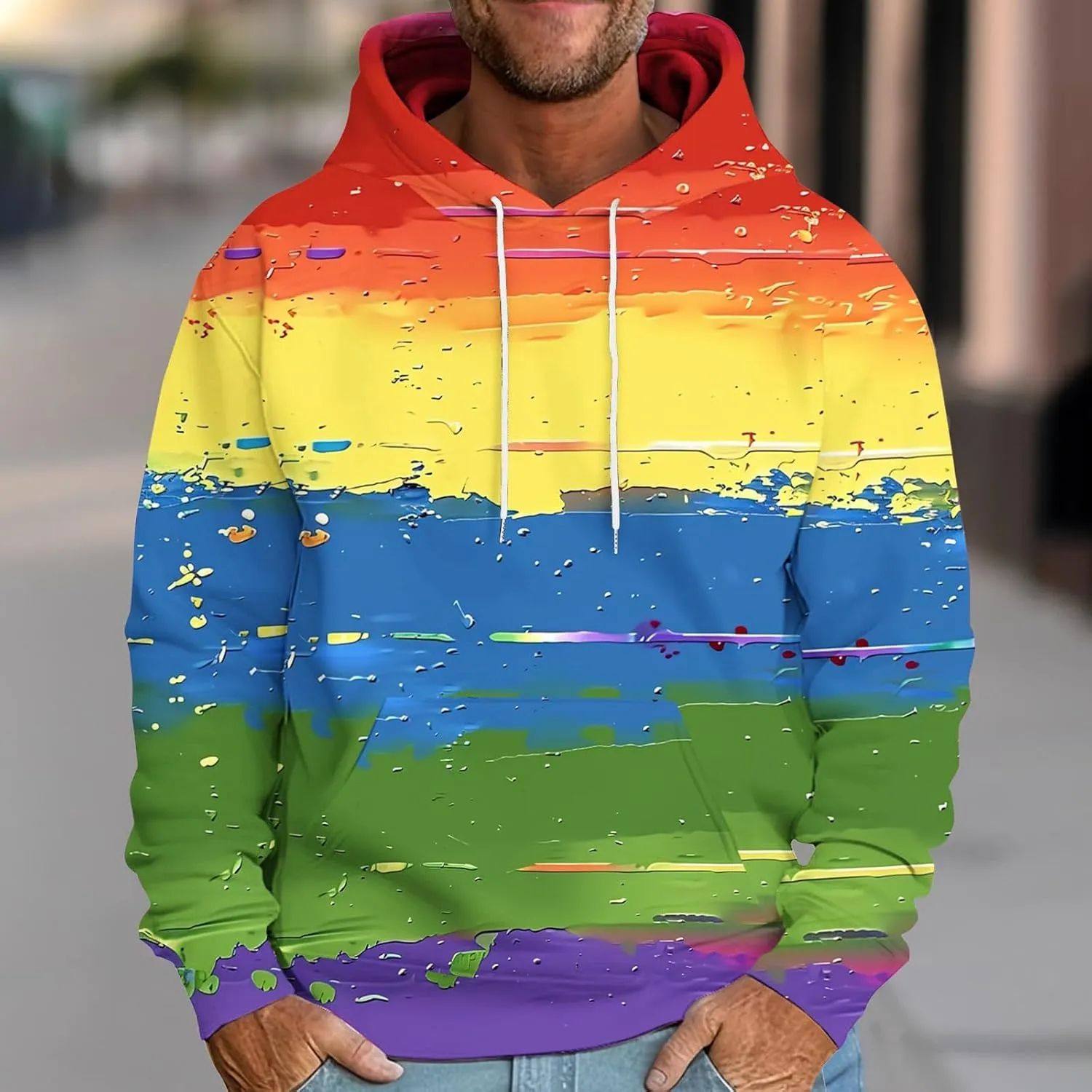 Aymnlox Mens 2024 Fashion Sweatshirts Color Block Long Sleeve Hooded Sweatshirt Loose Drawstring Soft Fit Casual Pullovers
