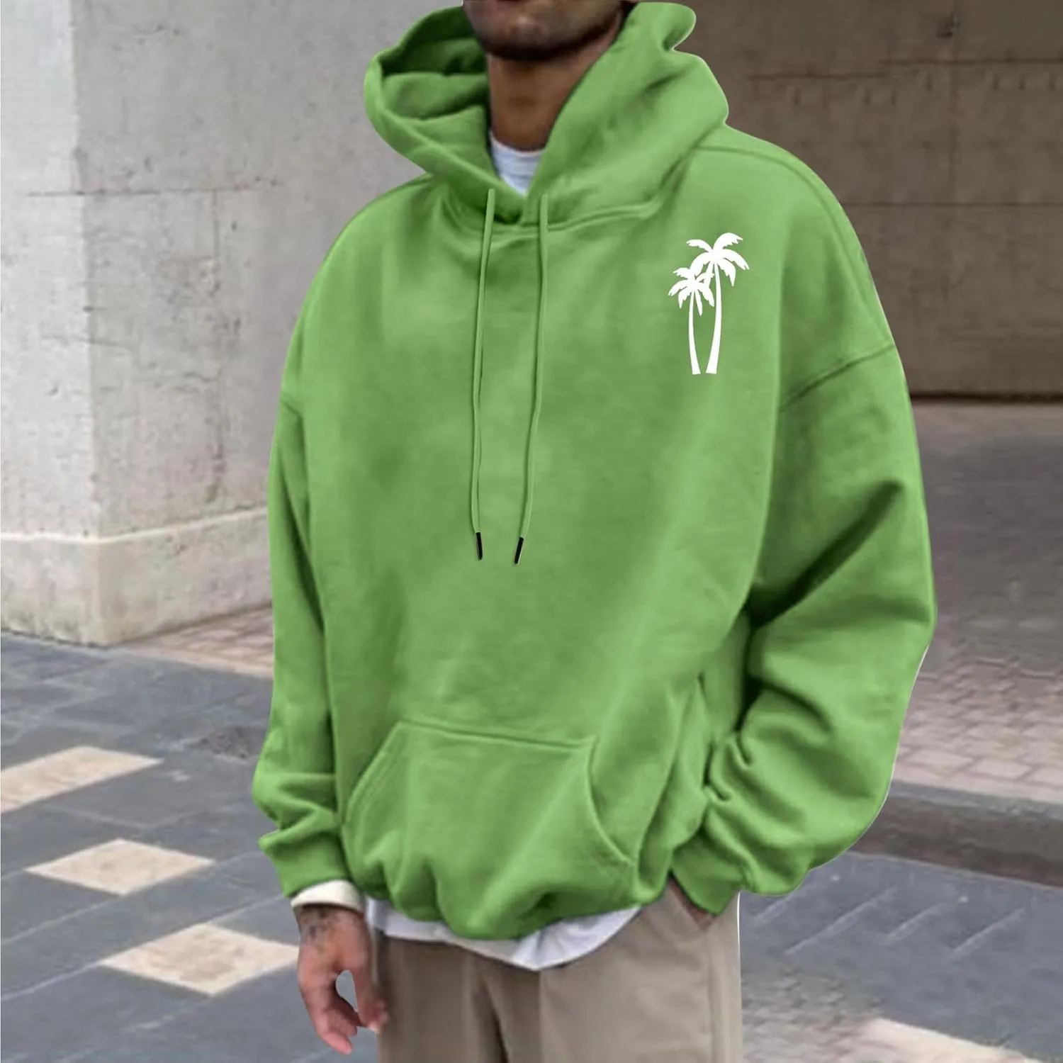 Aymnlox Sweatshirts for Men Long Sleeve Solid Color Hoodie Graphic Print Drawstring Pullover Fashion Loose Hooded With Pocket