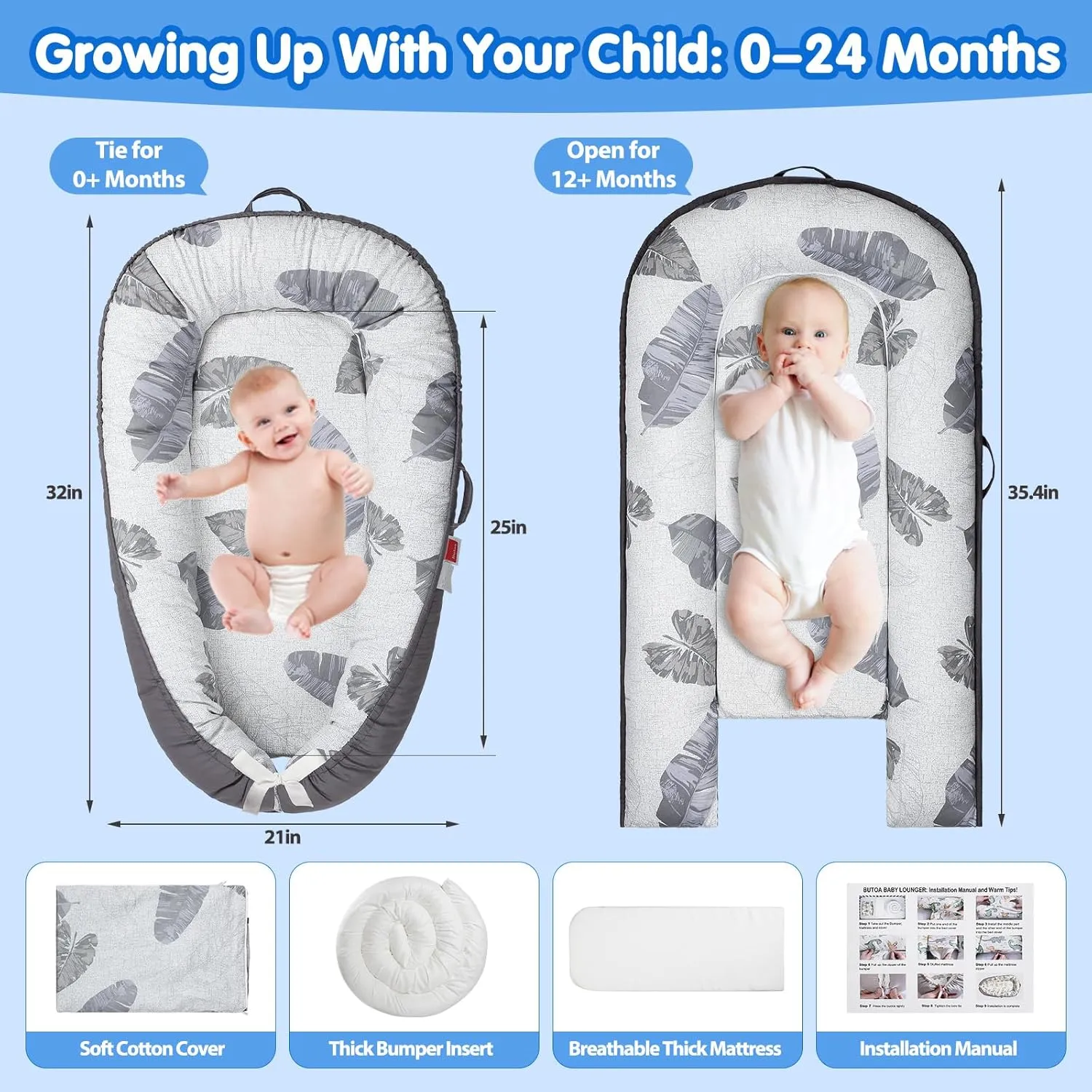 Baby Lounger - Baby Lounger for Newborn 0-24 Months, Breathable & Soft Baby Nest, Portable and Lightweight Lounger for Home and Travel, Ideal Newborn Babies Essentials