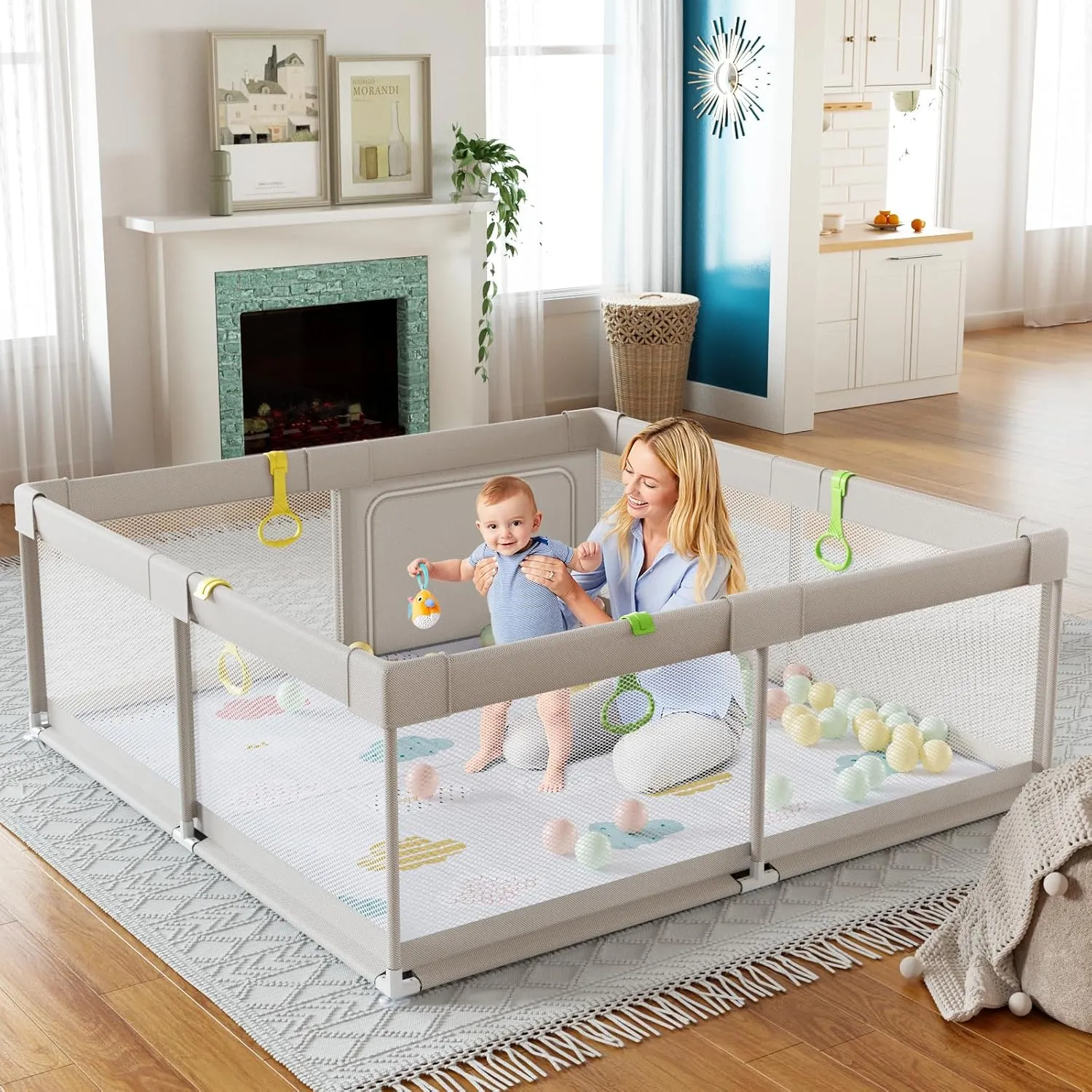 Baby Playpen with Mat, 59x59inch Playpen for Babies and Toddlers, Kids Play Pen, Extra Large Baby Playpen,Baby Fence,Big Playpen for Infants with Gate,Playard for Baby
