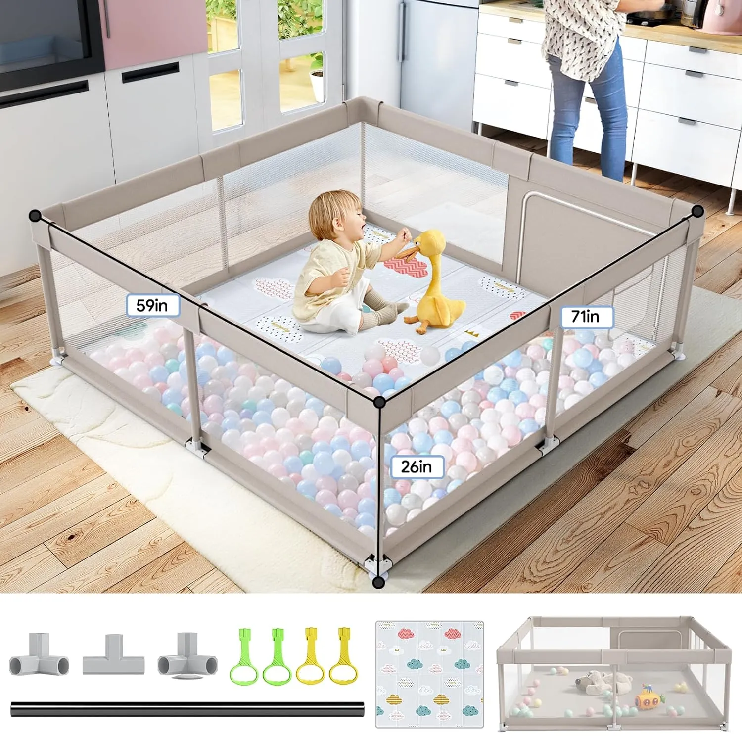 Baby Playpen with Mat, 71x59inch Playpen for Babies and Toddlers, Kids Play Pen, Extra Large Baby Playpen,Baby Fence,Big Playpen for Infants with Gate,Playard for Baby