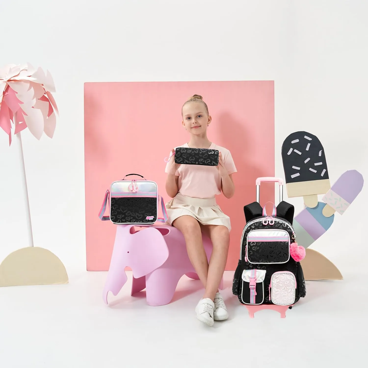 Backpack with Wheels for Girls Rolling Backpack with Lunch Box Pencil Case for Kids Carry On Suitcase with Wheels for Elementary Teens Girls