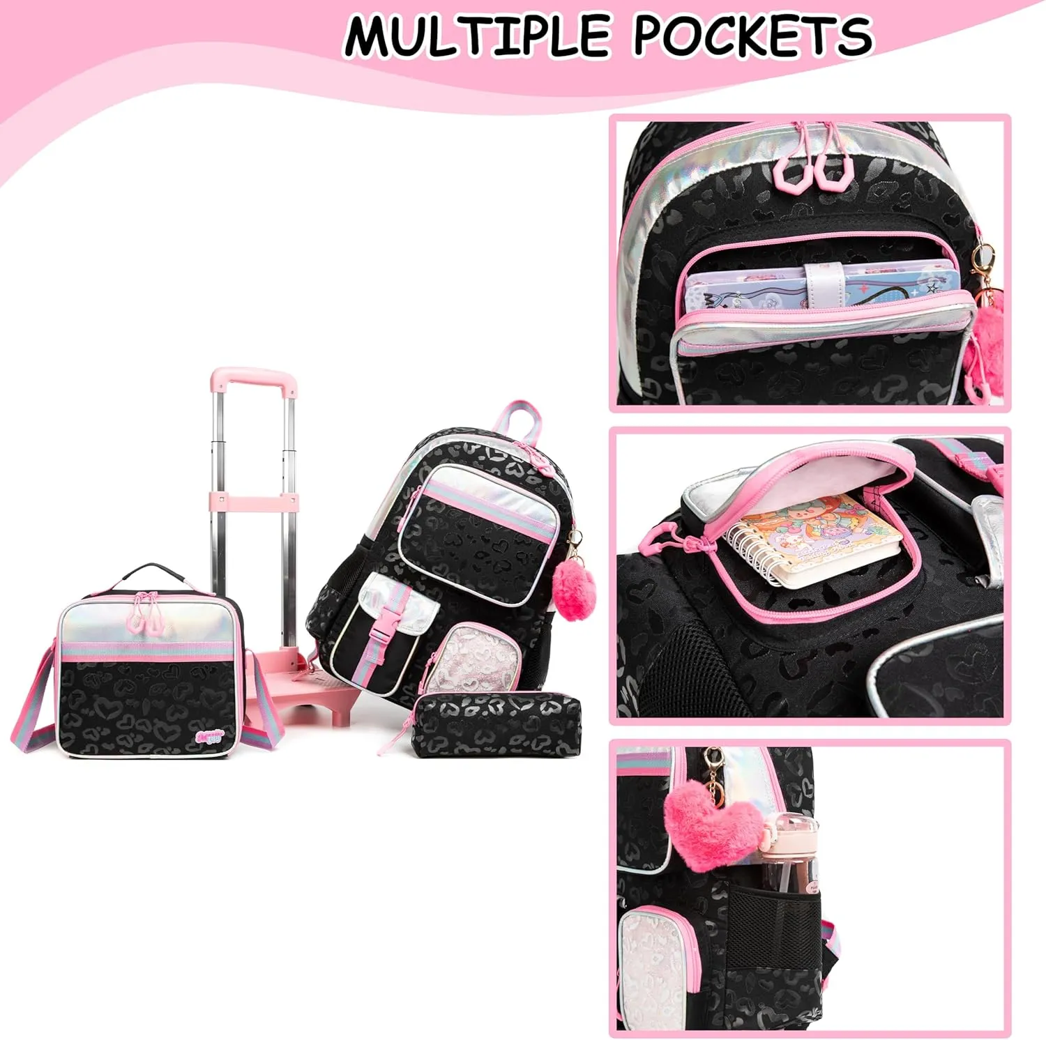 Backpack with Wheels for Girls Rolling Backpack with Lunch Box Pencil Case for Kids Carry On Suitcase with Wheels for Elementary Teens Girls