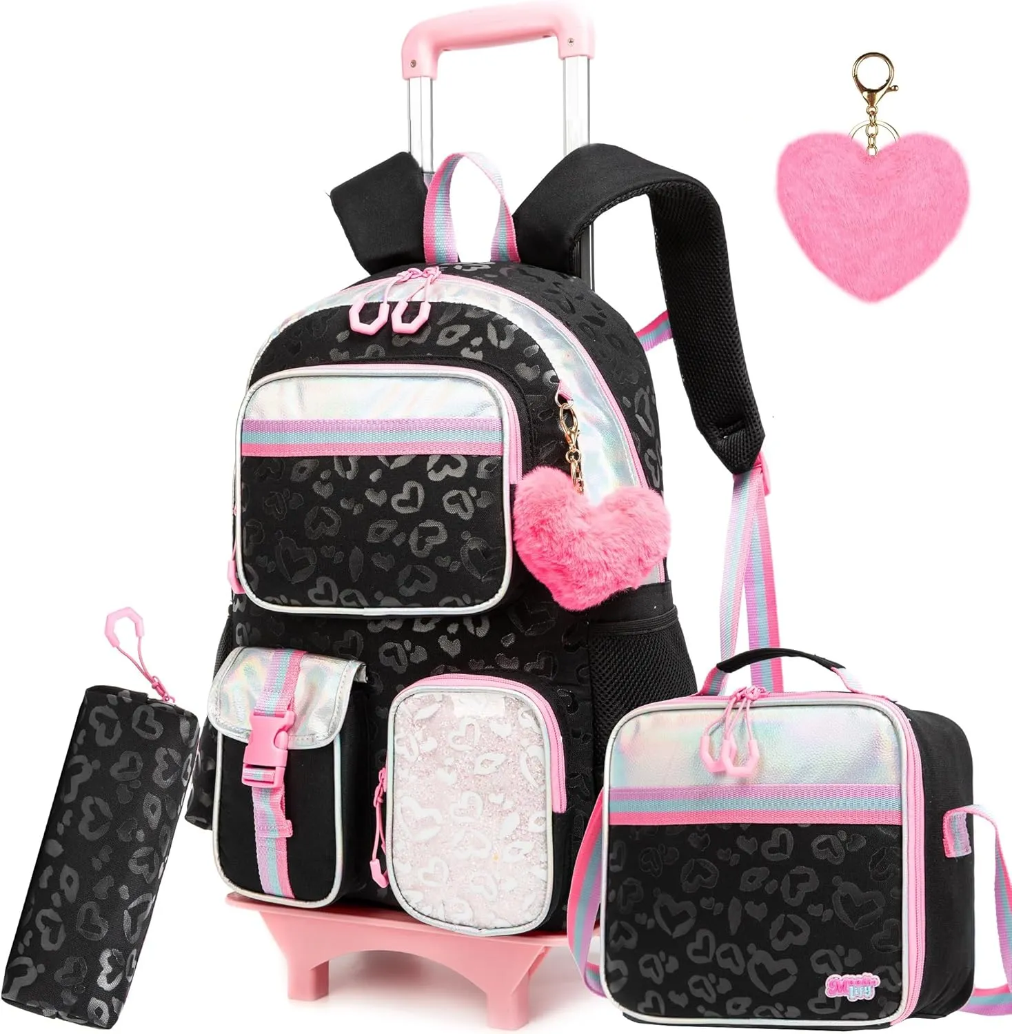 Backpack with Wheels for Girls Rolling Backpack with Lunch Box Pencil Case for Kids Carry On Suitcase with Wheels for Elementary Teens Girls