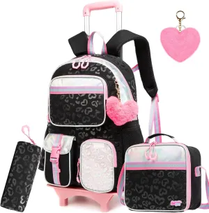 Backpack with Wheels for Girls Rolling Backpack with Lunch Box Pencil Case for Kids Carry On Suitcase with Wheels for Elementary Teens Girls