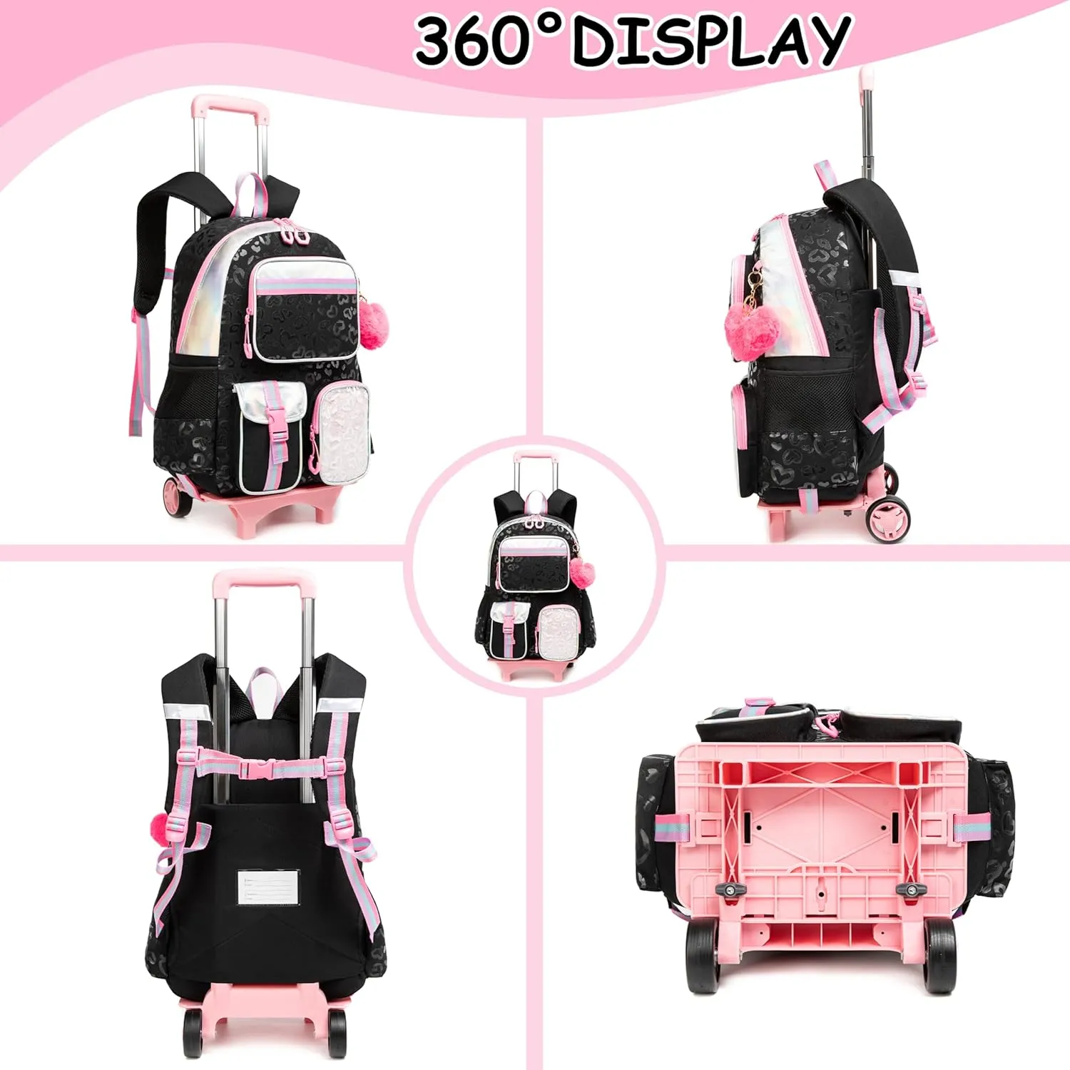 Backpack with Wheels for Girls Rolling Backpack with Lunch Box Pencil Case for Kids Carry On Suitcase with Wheels for Elementary Teens Girls