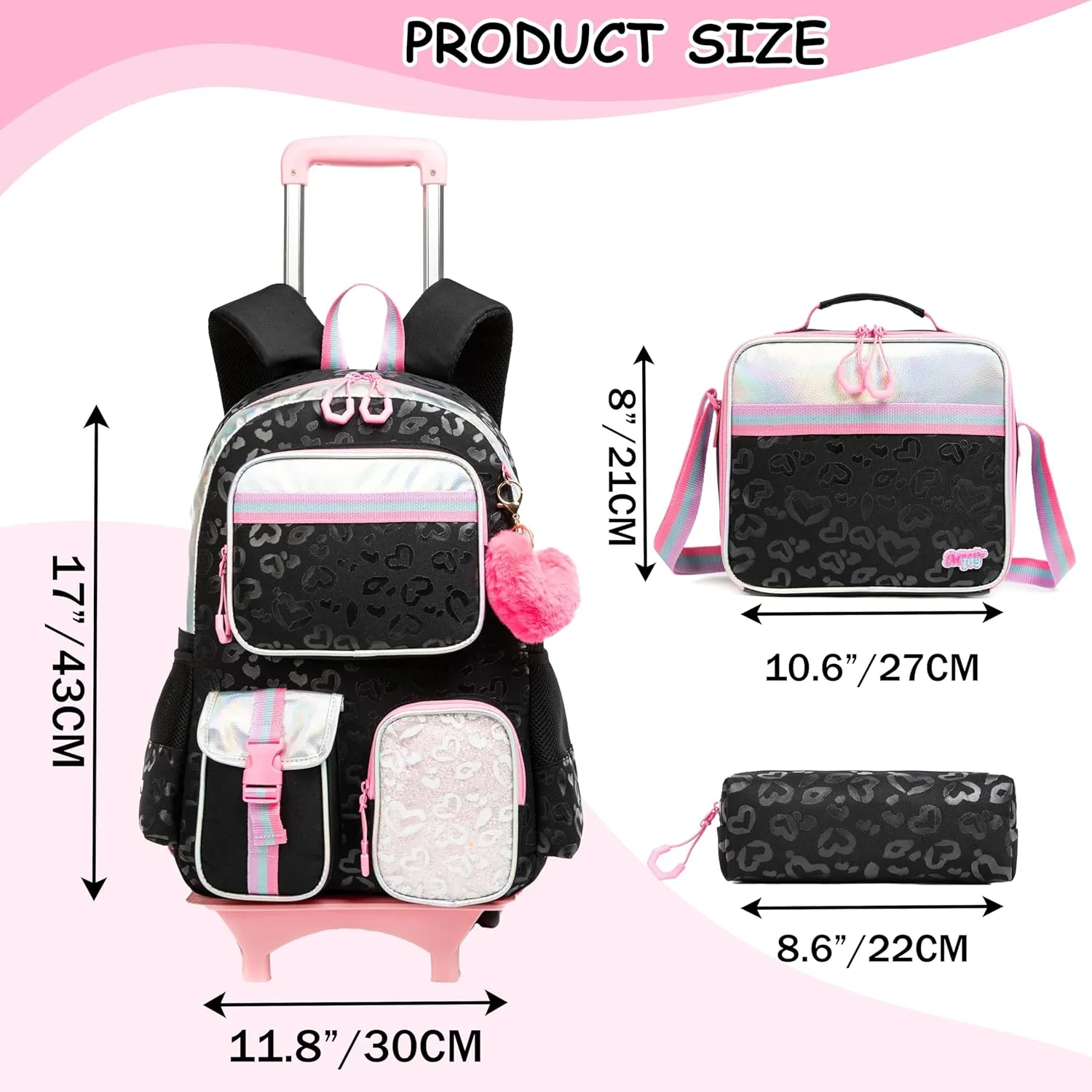 Backpack with Wheels for Girls Rolling Backpack with Lunch Box Pencil Case for Kids Carry On Suitcase with Wheels for Elementary Teens Girls