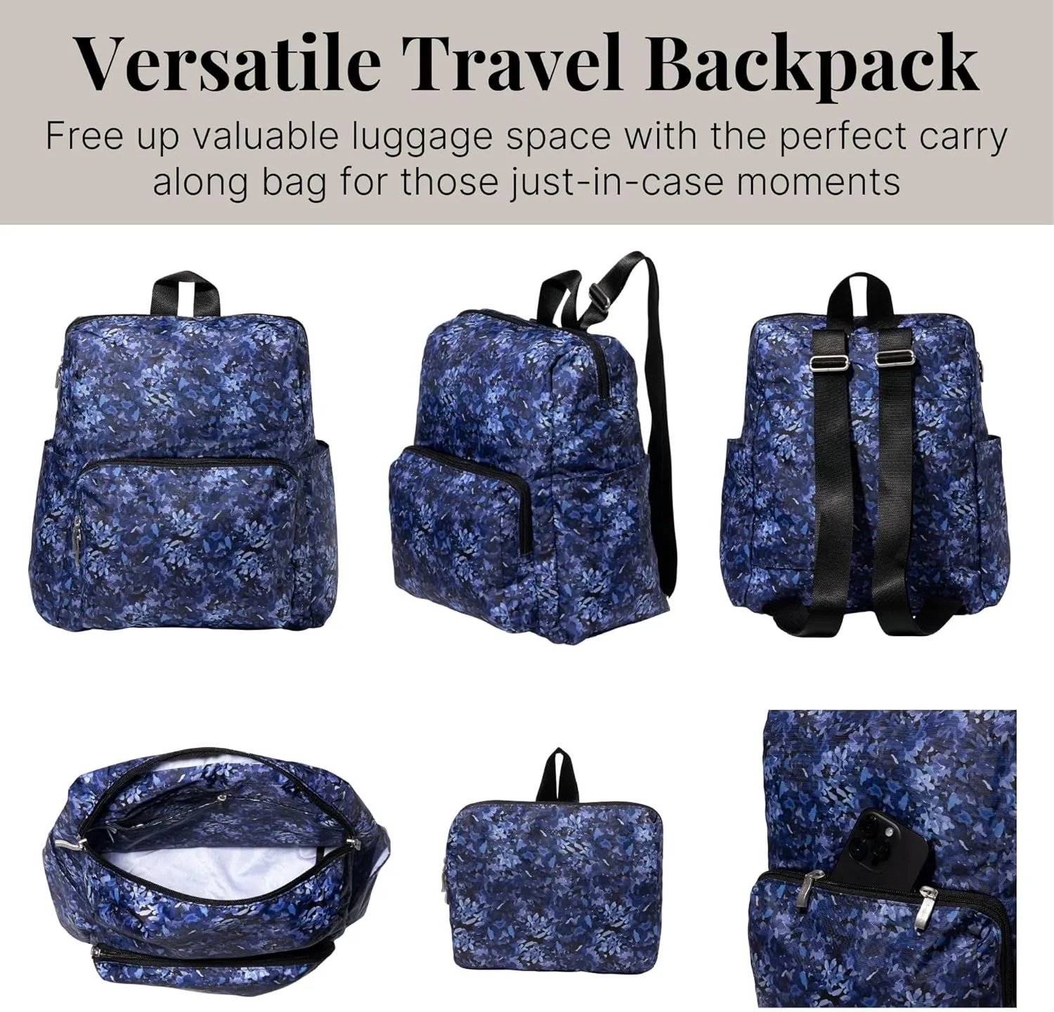 Baggallini Women's Carryall Packable Backpack, Indigo Petal