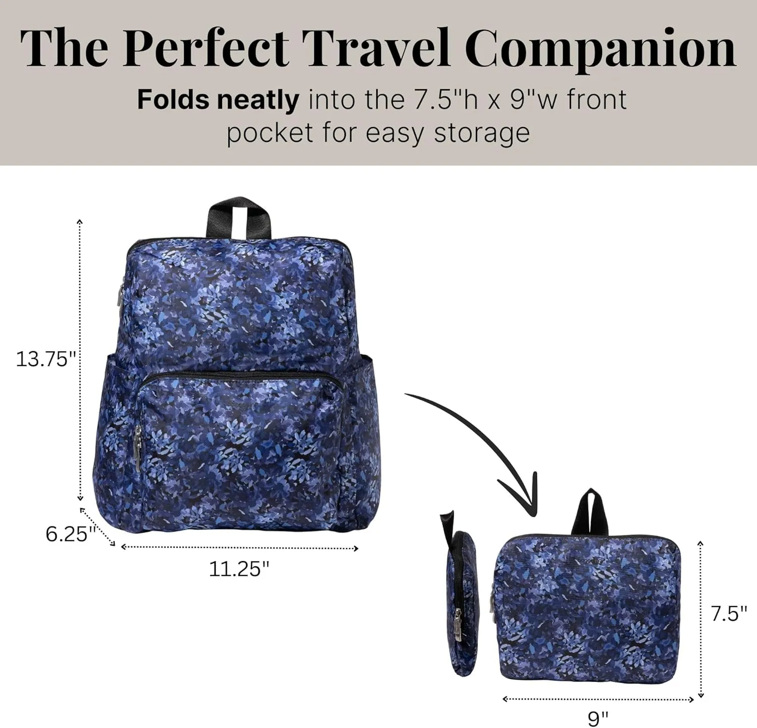 Baggallini Women's Carryall Packable Backpack, Indigo Petal