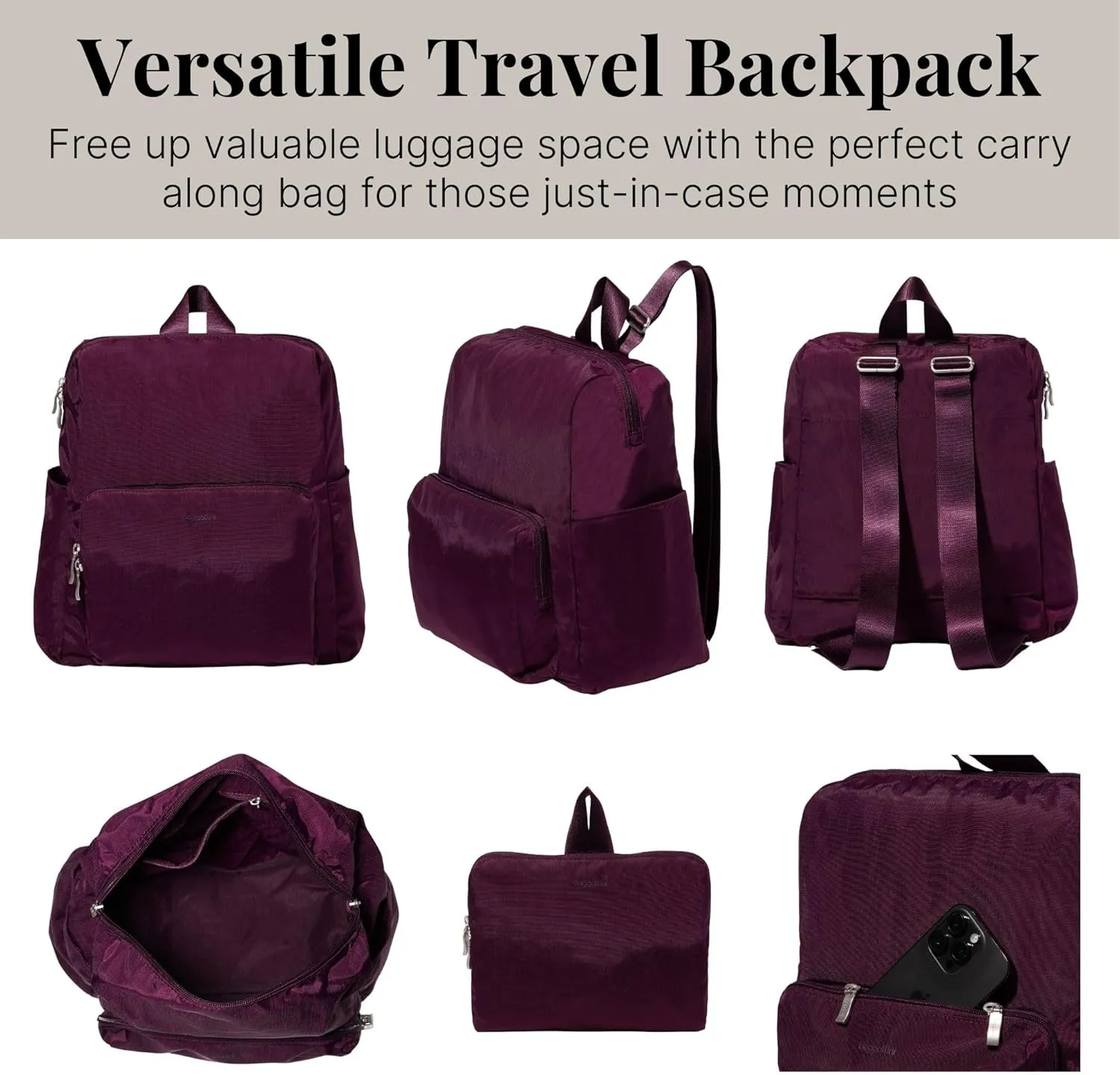Baggallini Women's Carryall Packable Backpack, Mulberry
