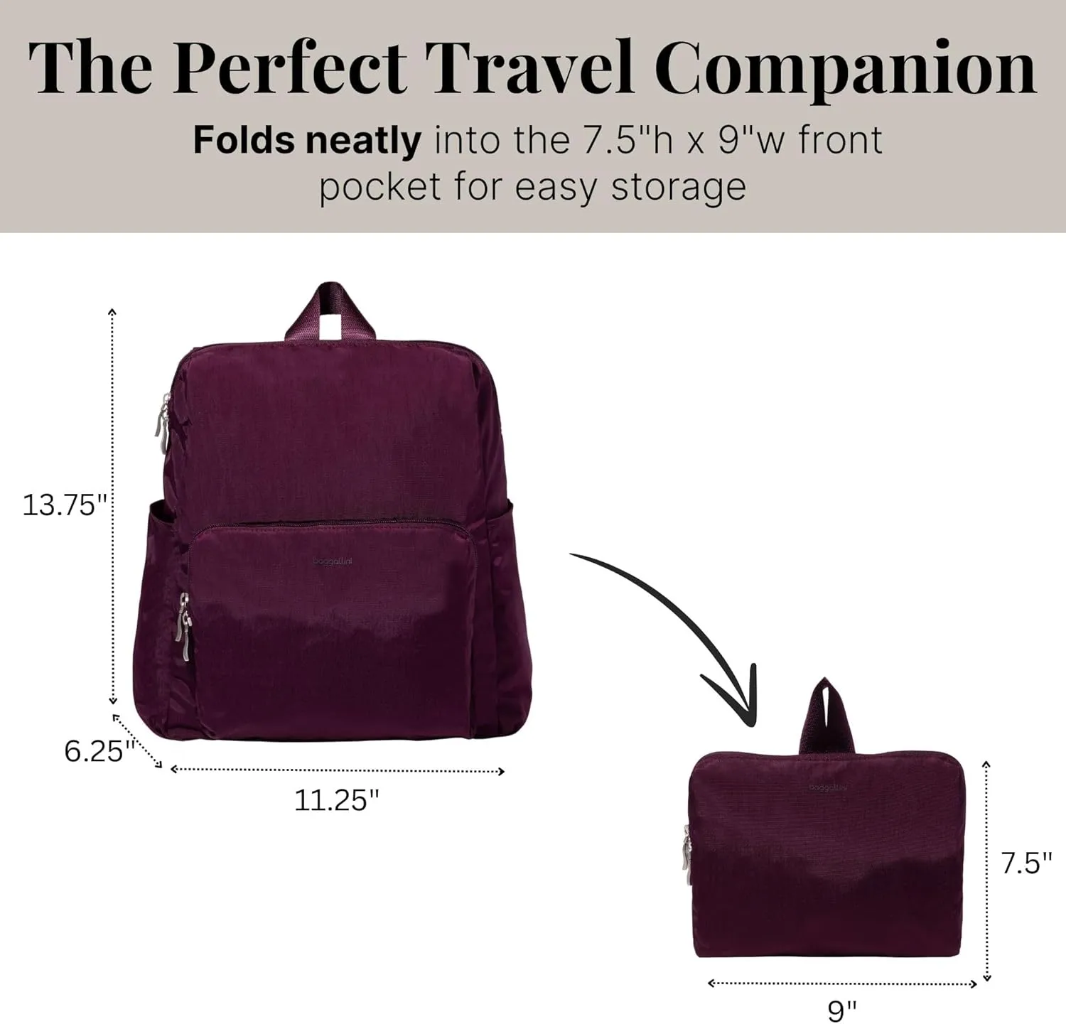 Baggallini Women's Carryall Packable Backpack, Mulberry