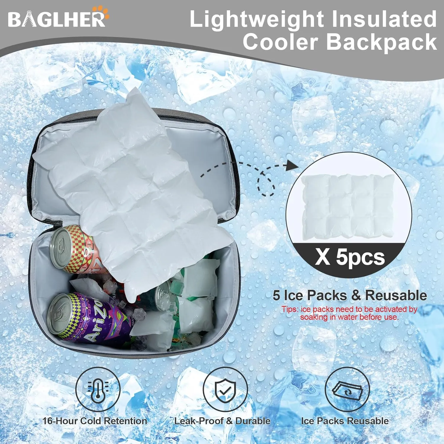 BAGLHER Lightweight Insulated Cooler Backpack - 30 Cans, Leak-Proof for Lunch, Picnic, Hiking, Camping Trips