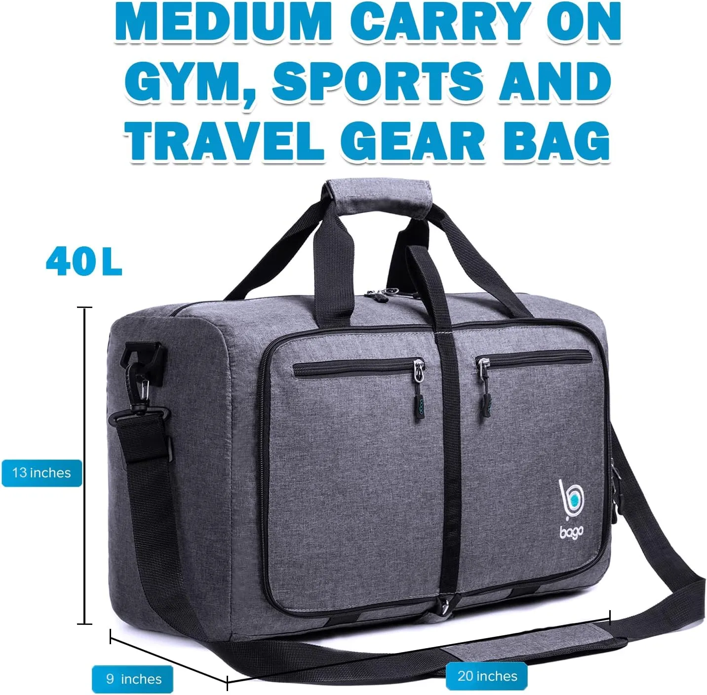 Bago Foldable Duffel Bags for Traveling Women & Men - 40L Sports Packable Duffle Bag for Travel with Shoe Compartment - Water Repellant, Heavy Duty, Lightweight Folding & Collapsible (SnowBlack)